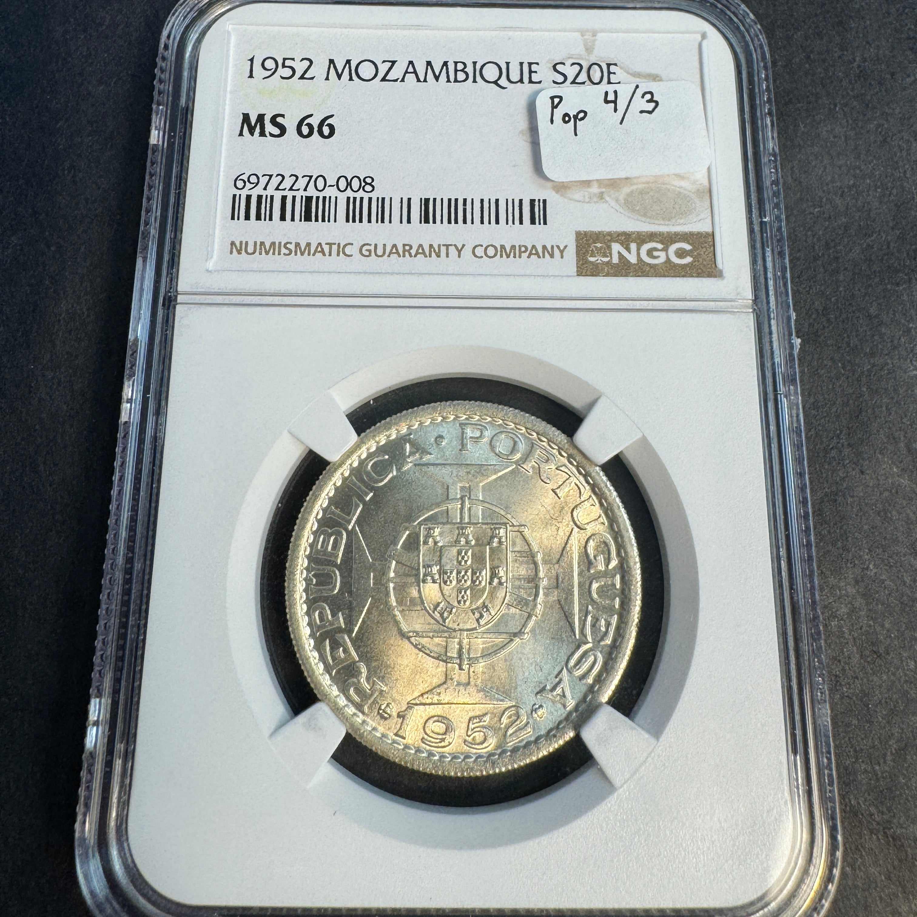 1952 Mozambique Silver 20 Escudos, Portuguese Colonial, NGC MS-66, Pop 4/3 🇵🇹