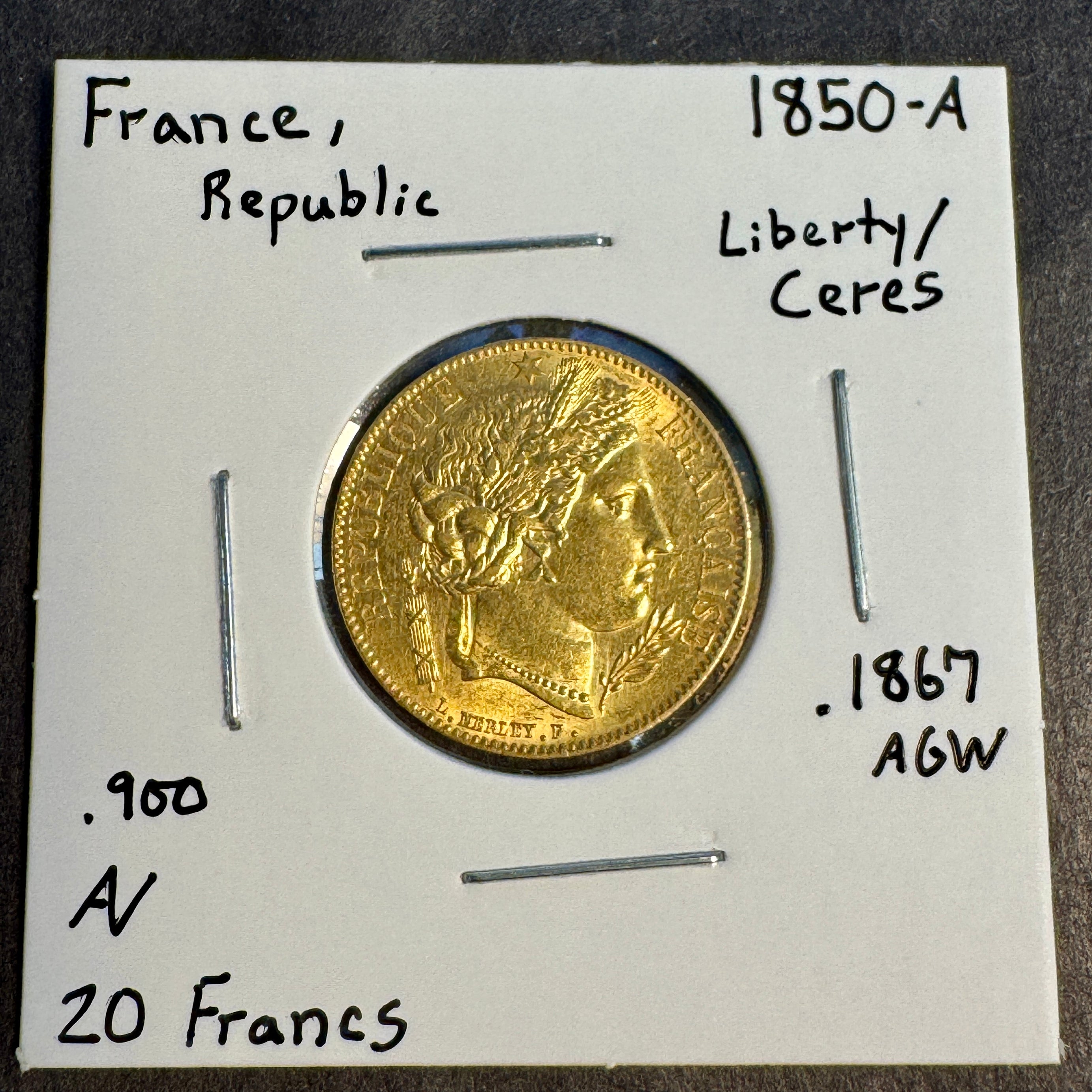 1850-A France 20 Francs Gold, KM-762, Ceres, AU+