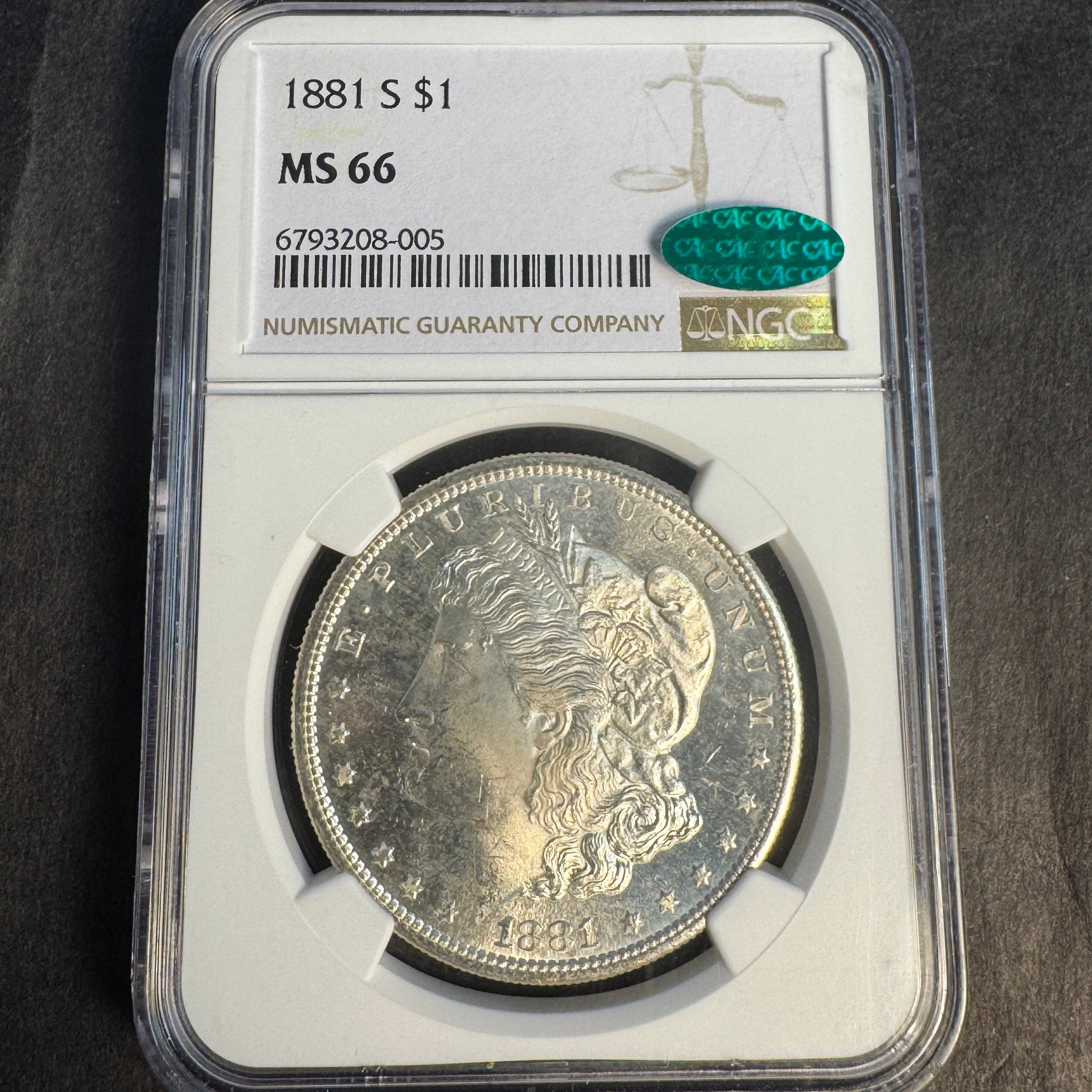 1881-S Morgan Silver Dollar, NGC MS-66 with Green CAC 🟢