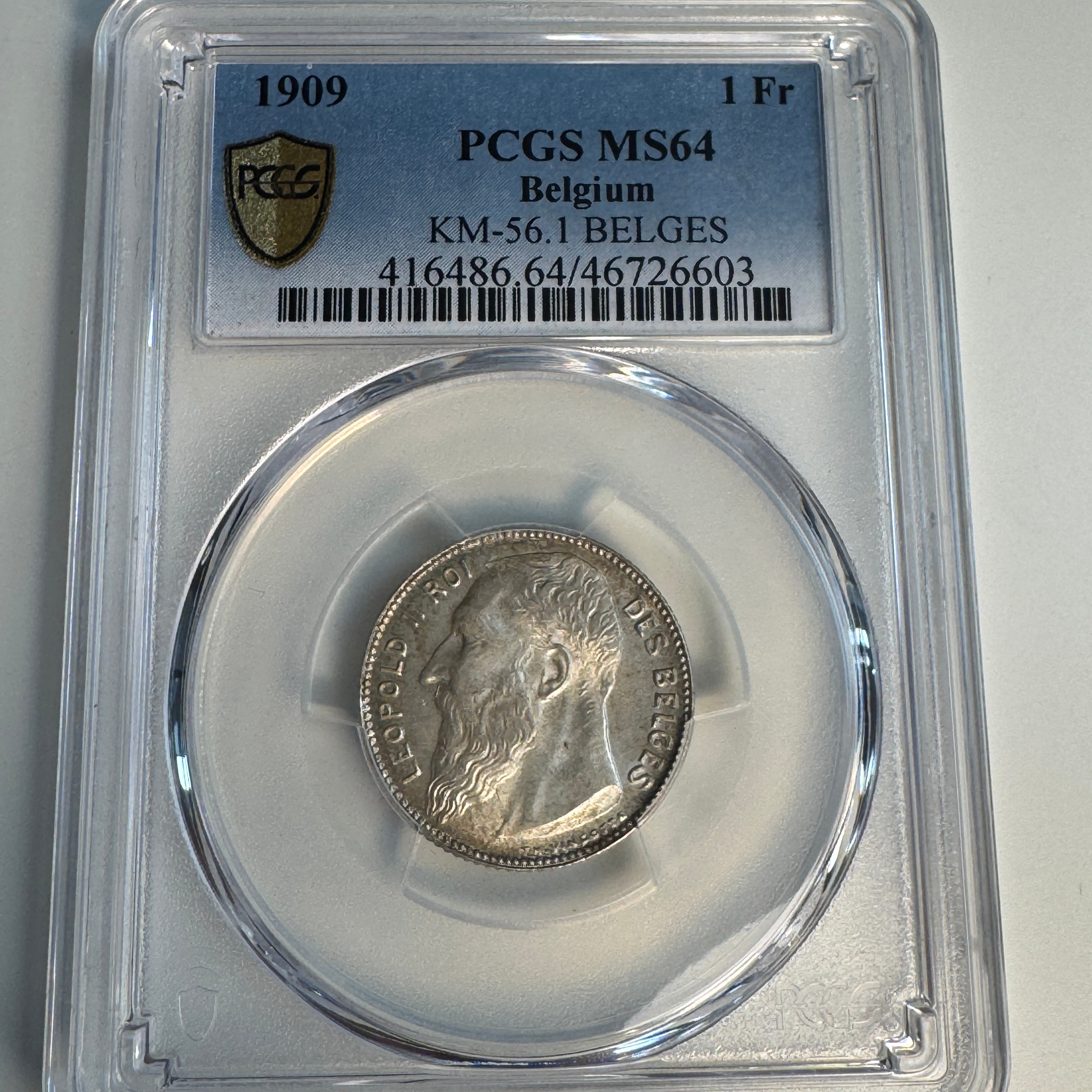 1909 Belgium AR 1 Franc, Leopold II, KM-56.1, PCGS MS-64 🇧🇪