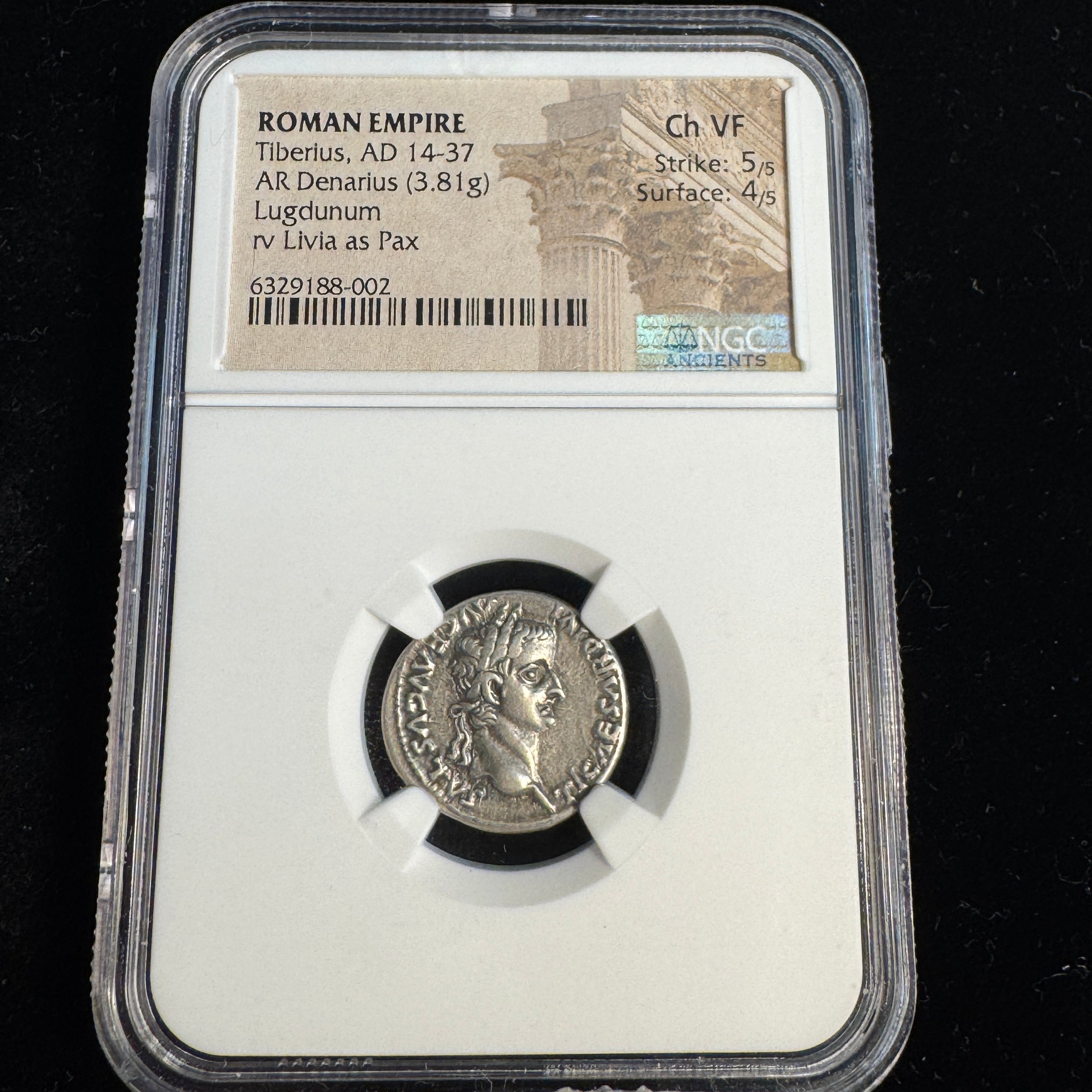 Tiberius “Tribute Penny” Roman Silver Denarius (14-37 AD), Livia as Pax, NGC Choice VF - 5/5 strike!