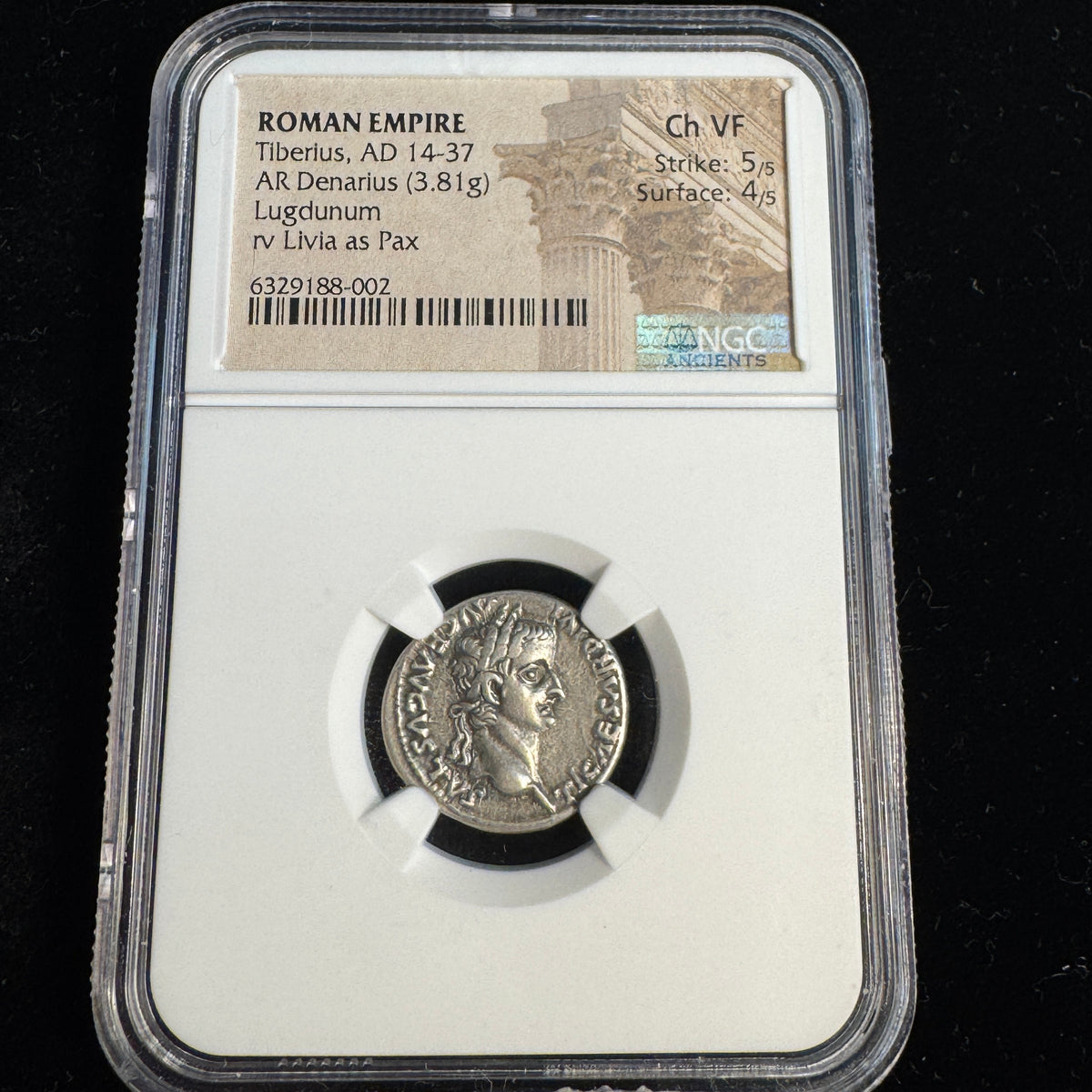 Tiberius “Tribute Penny” Roman Silver Denarius (14-37 AD), Livia as Pax, NGC Choice VF - 5/5 strike!