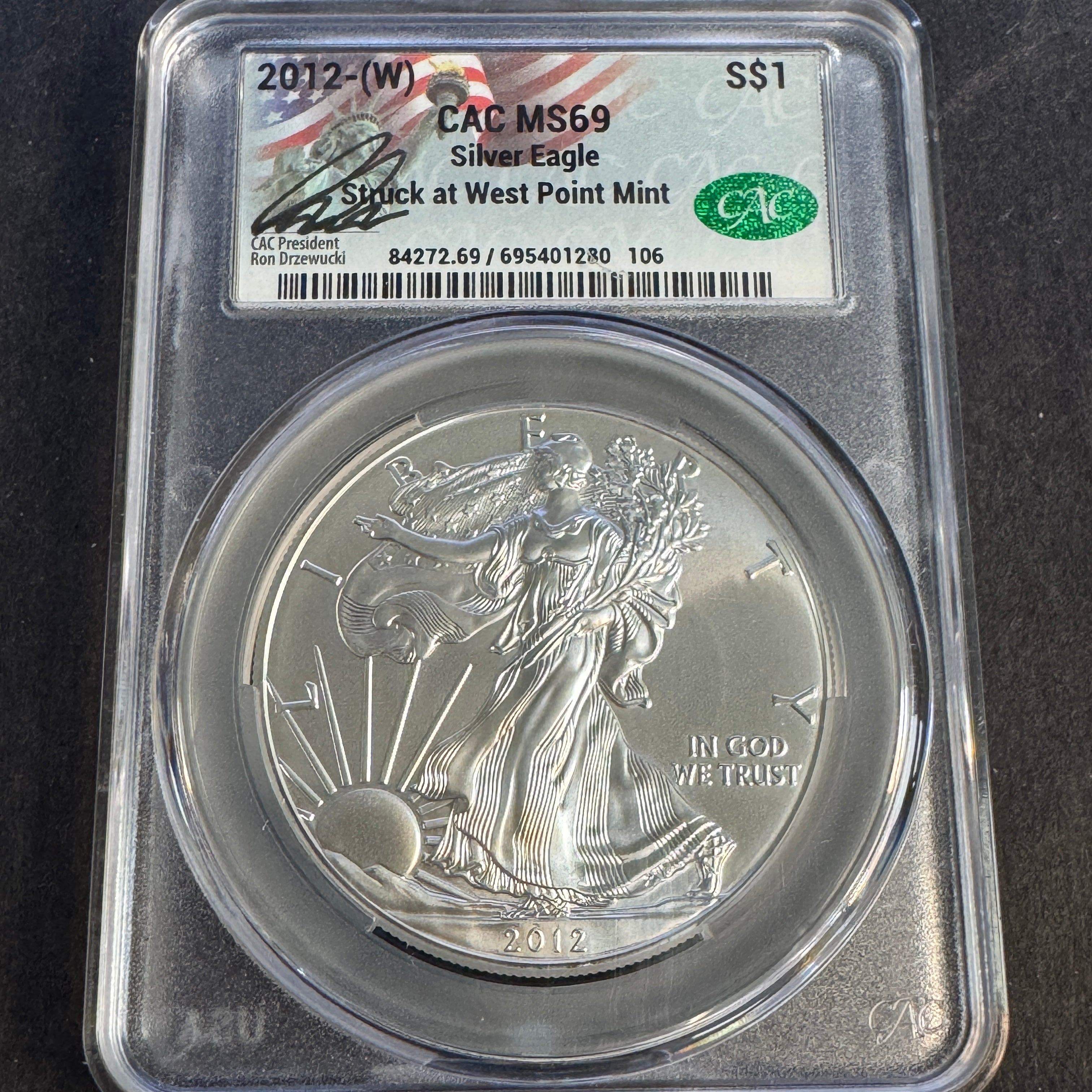 2022-W Silver Eagle $1, Ron Drzewucki signature, CAC MS-69 🇺🇸