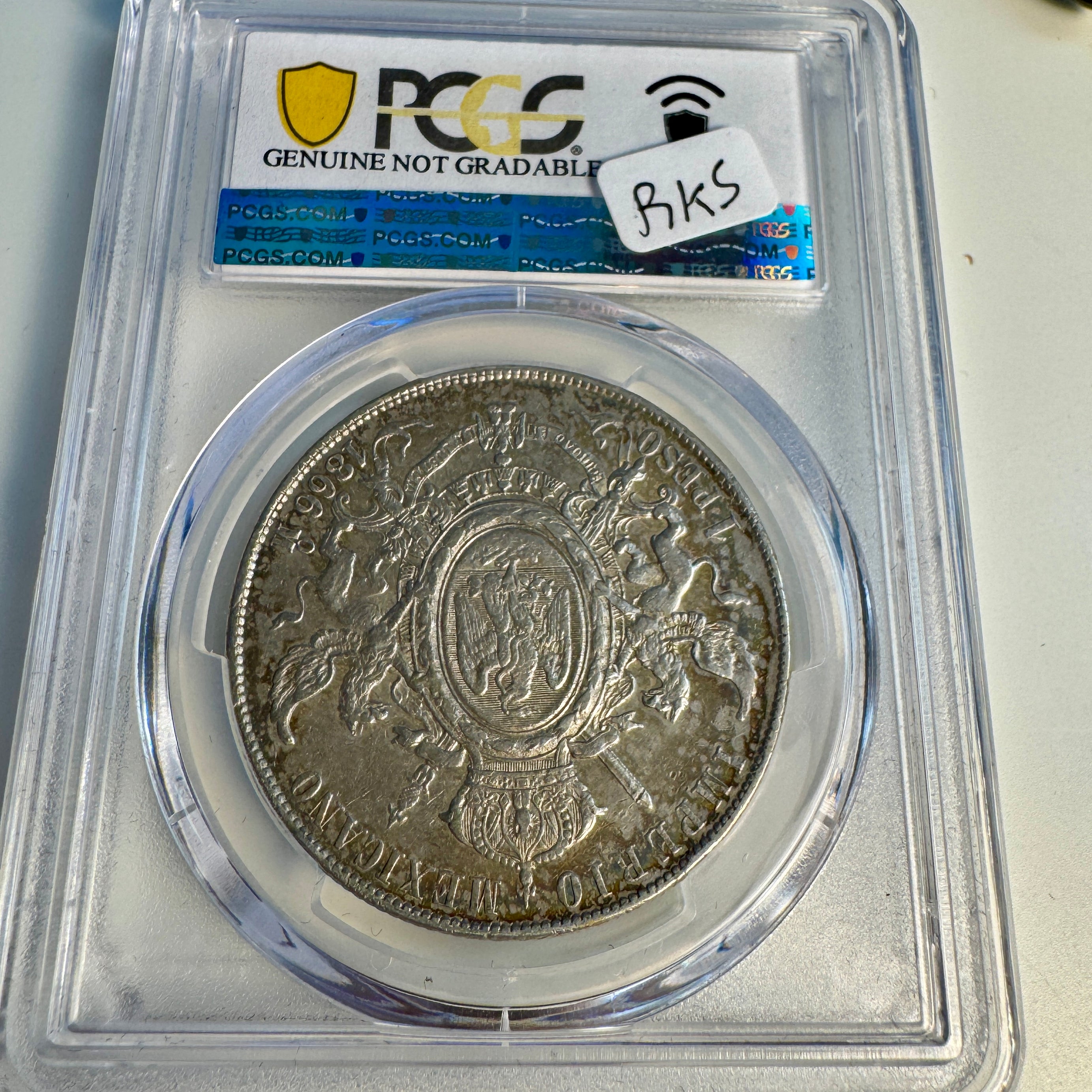 1866-Mo Empire of Maximilian Mexico AR 1 Peso, PCGS XF Details Color Toning