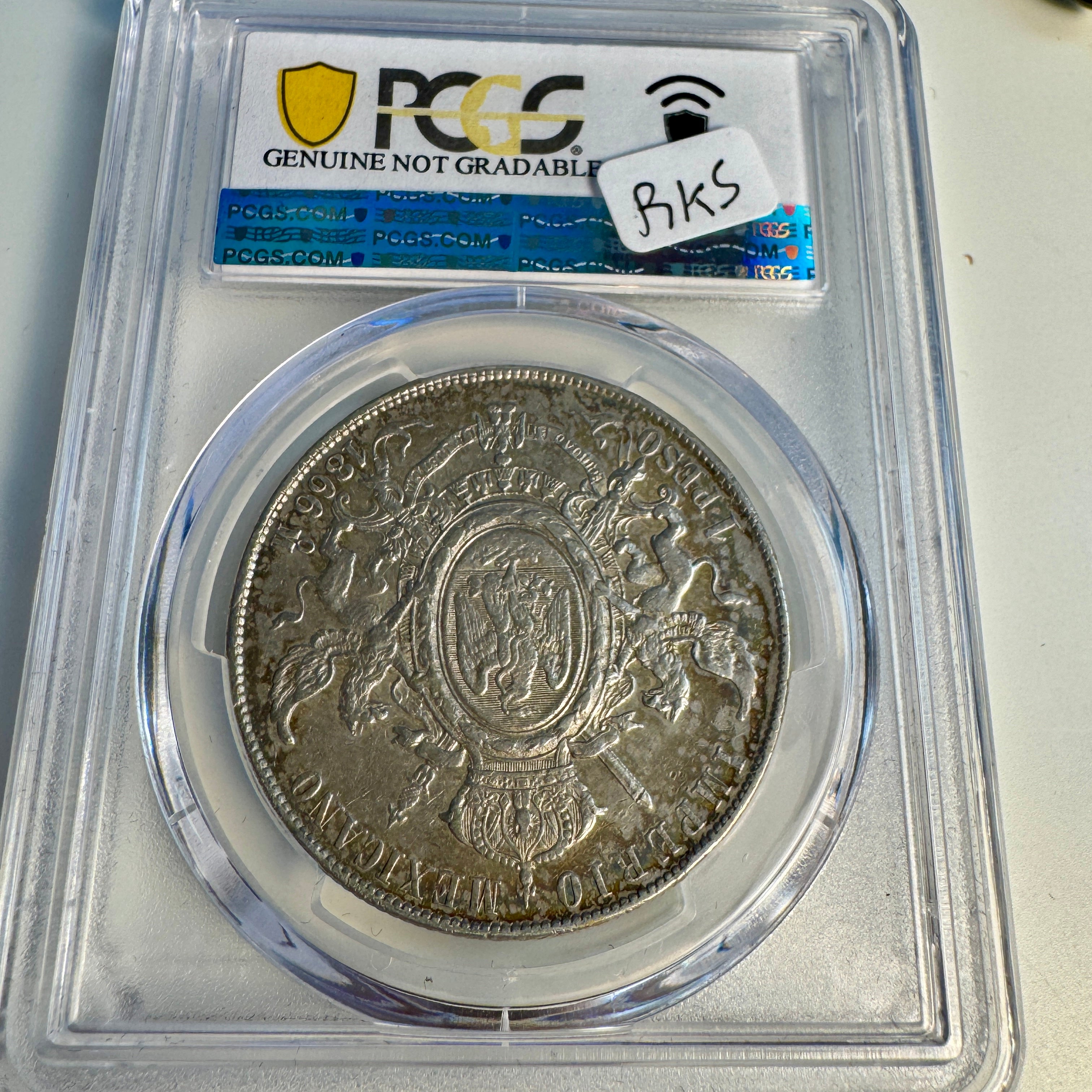 1866-Mo Empire of Maximilian Mexico AR 1 Peso, PCGS XF Details Color Toning