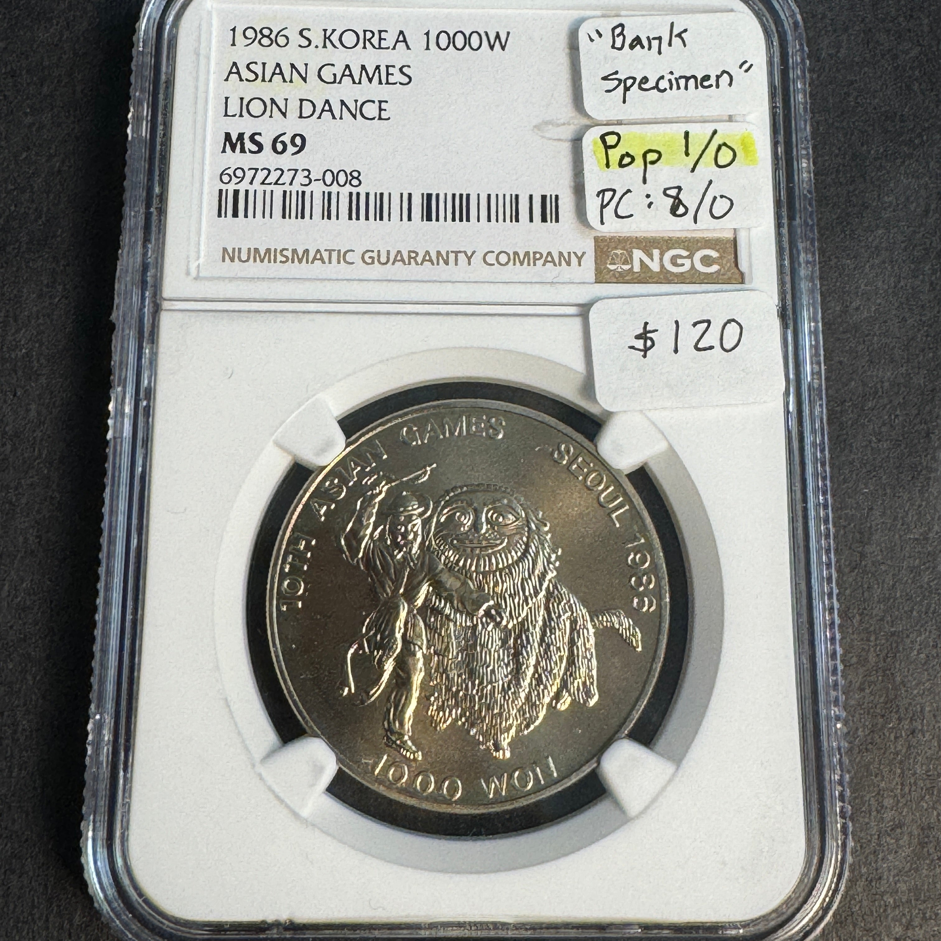 1986 South Korea 1000 Won, Asian Games Lion Dance, NGC MS-69, Top Pop 1/0 🏆 🇰🇷