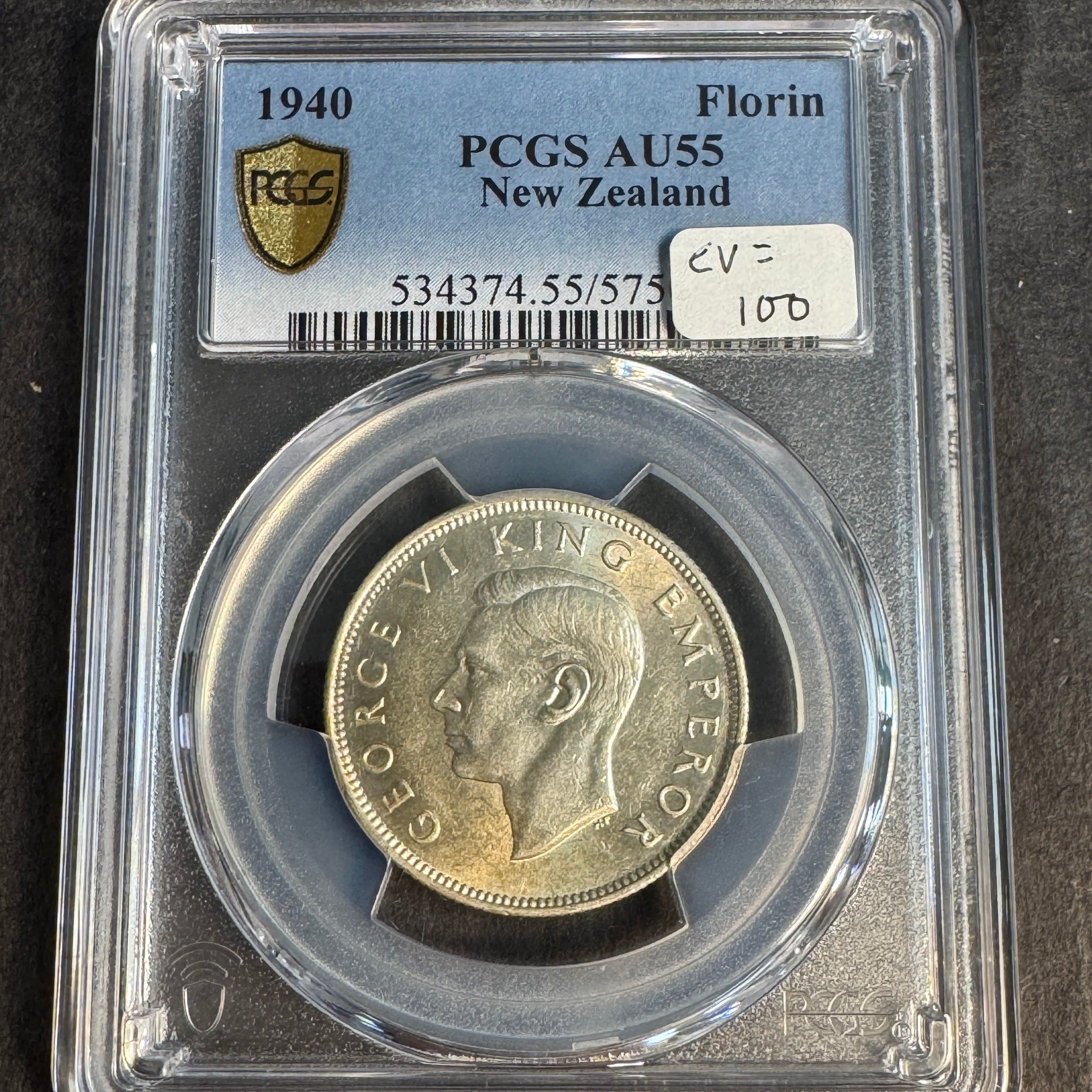 1940 New Zealand AR Florin, KGVI, PCGS AU-55 🇳🇿