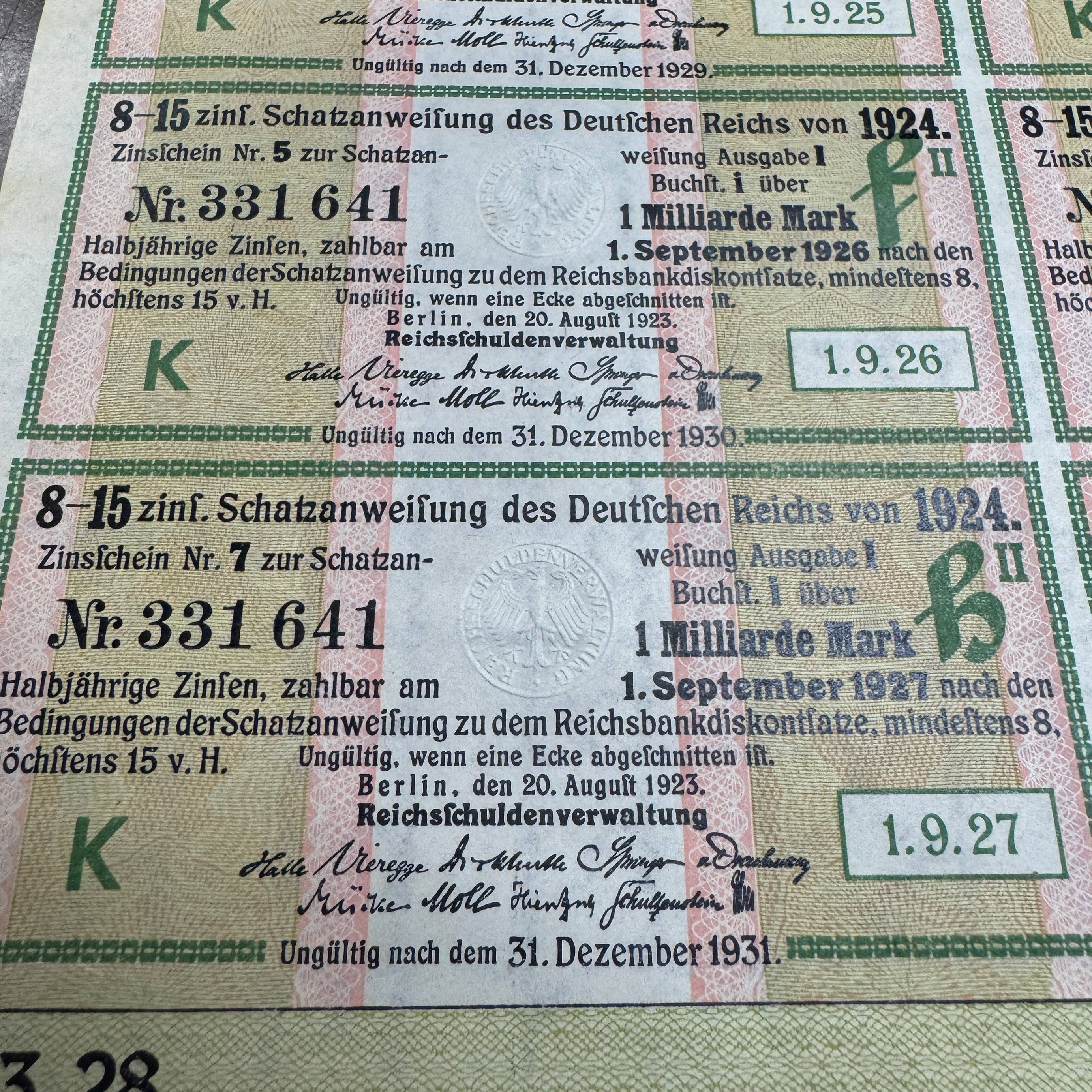 1924 Weimar Germany 1,000,000,000 Mark Bond with 6 coupons