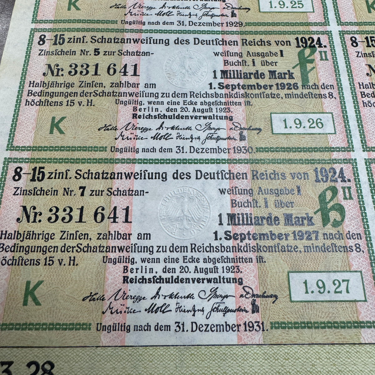 1924 Weimar Germany 1,000,000,000 Mark Bond with 6 coupons
