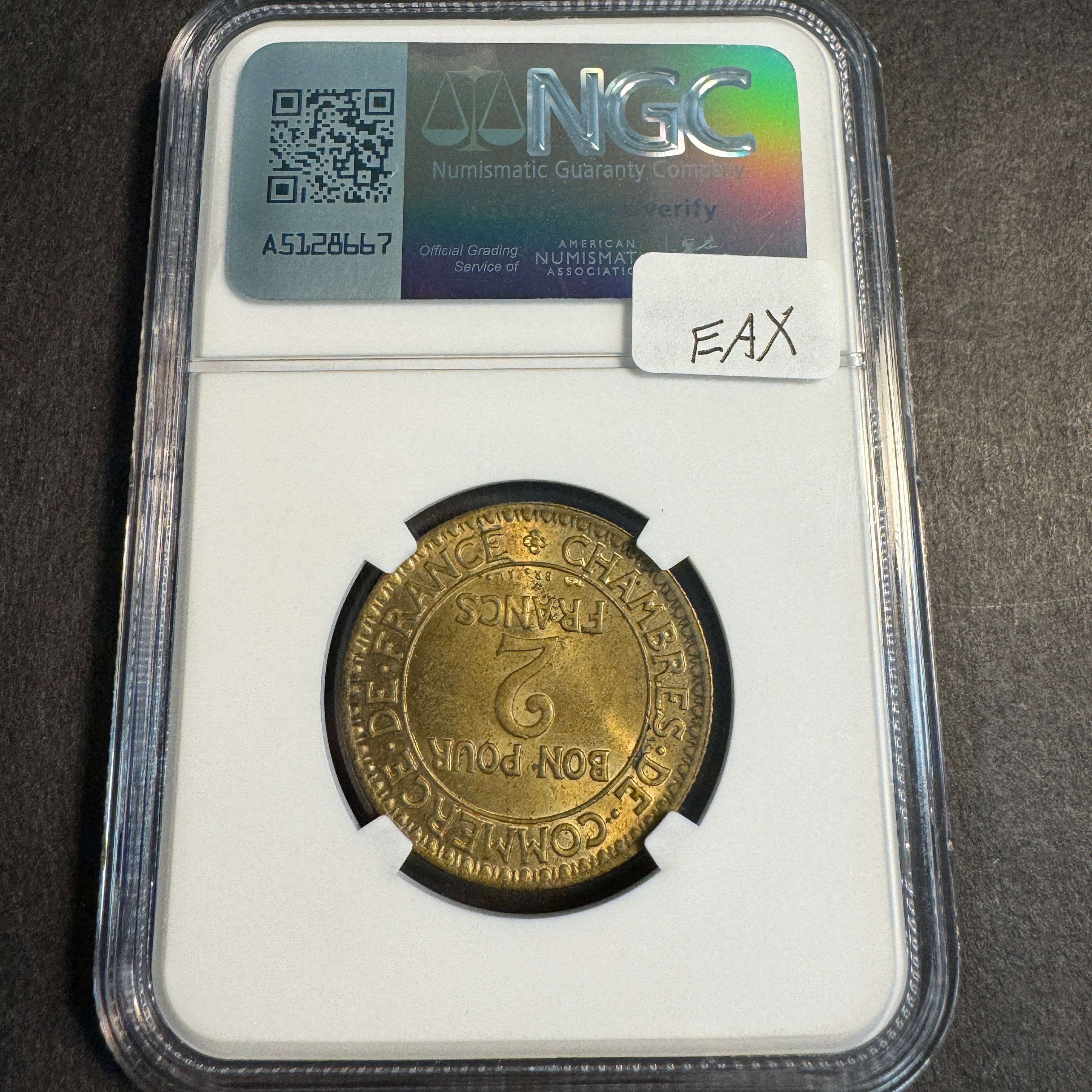 1922 France 2 Francs, “Chamber of Commerce” Seated Mercury, NGC MS-64 🇫🇷