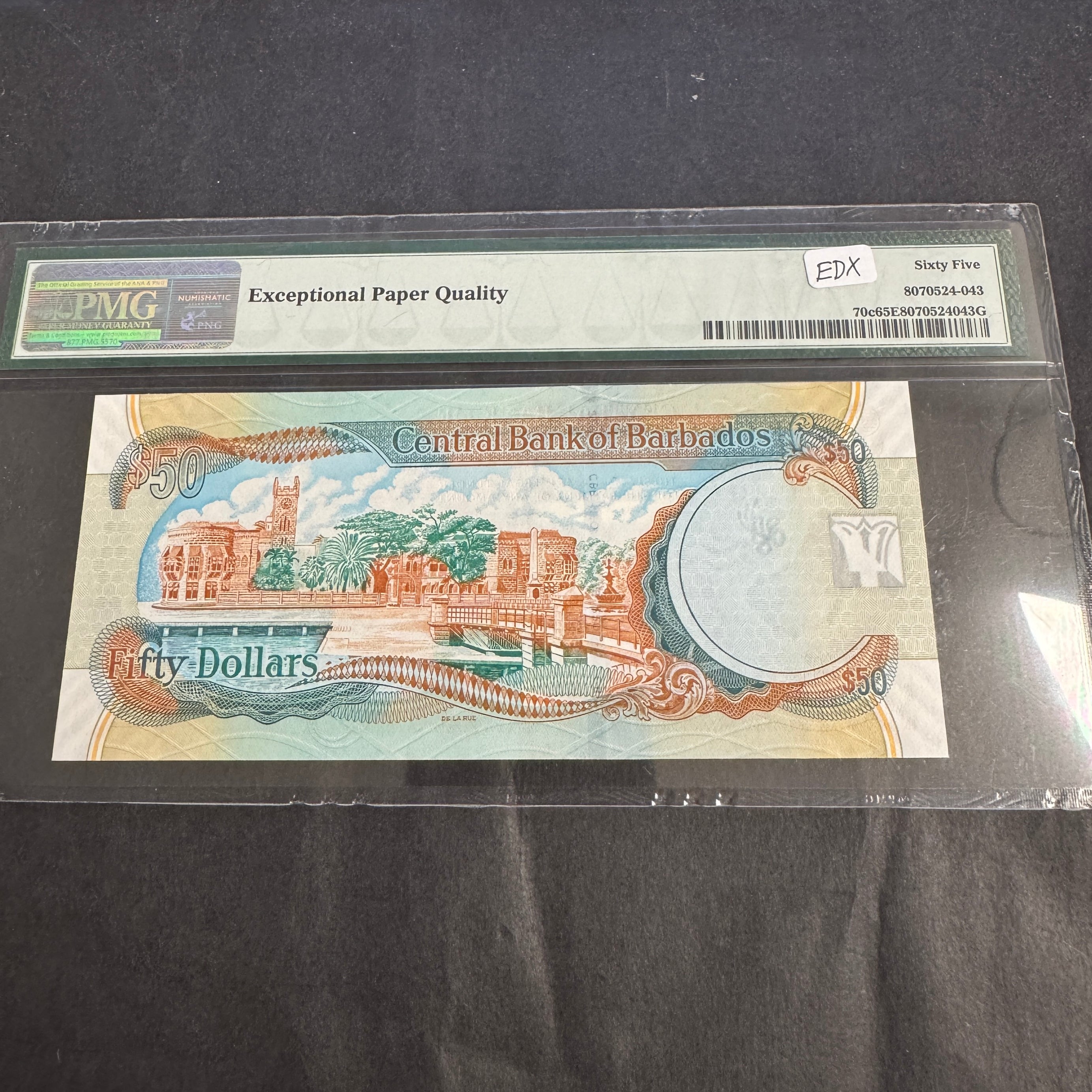 2012 Barbados 50 Dollars Banknote, P#70c, PMG 65 Gem Unc EPQ