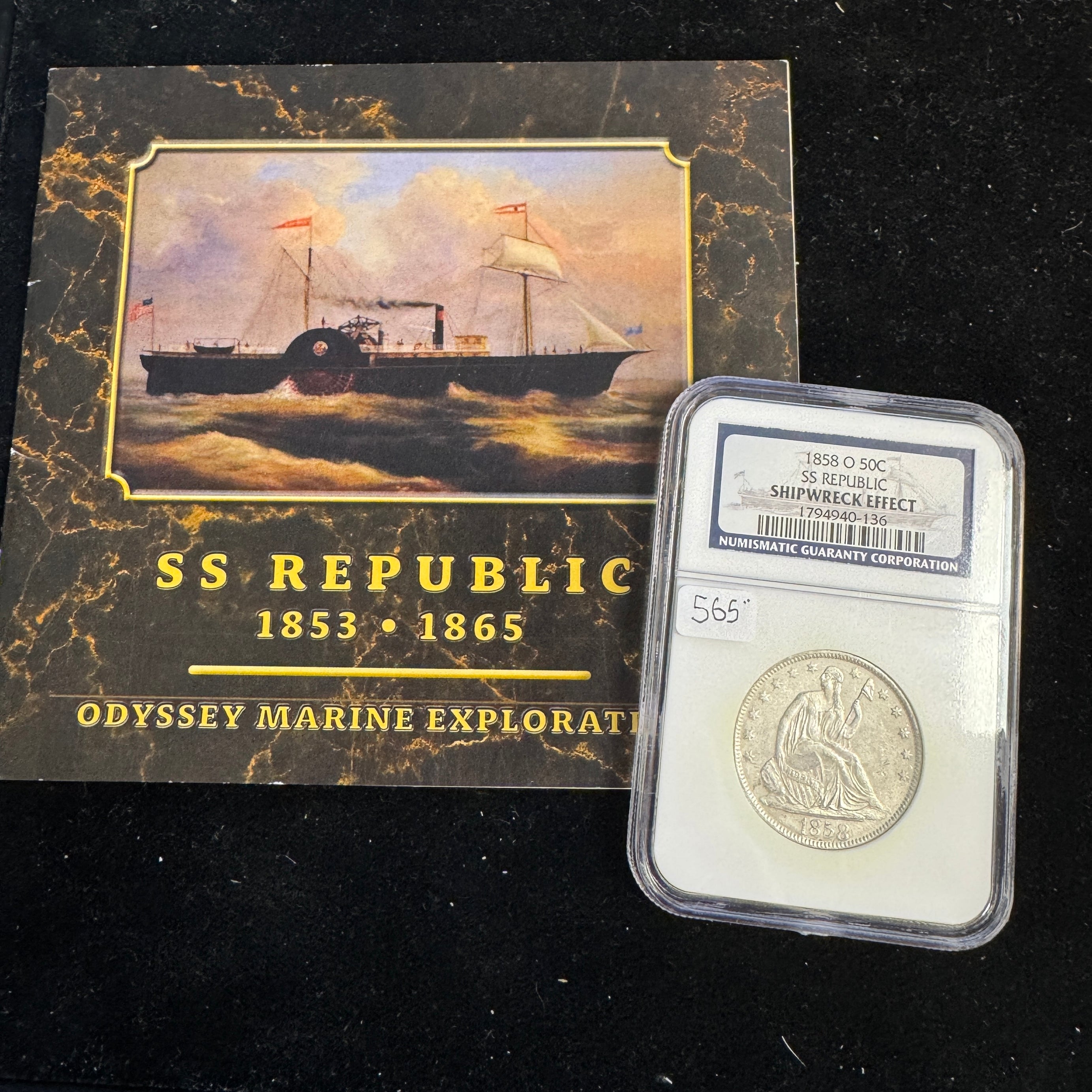 1858-O Seated Liberty Half 50c, SS Republic Shipwreck recovery NGC, with booklet