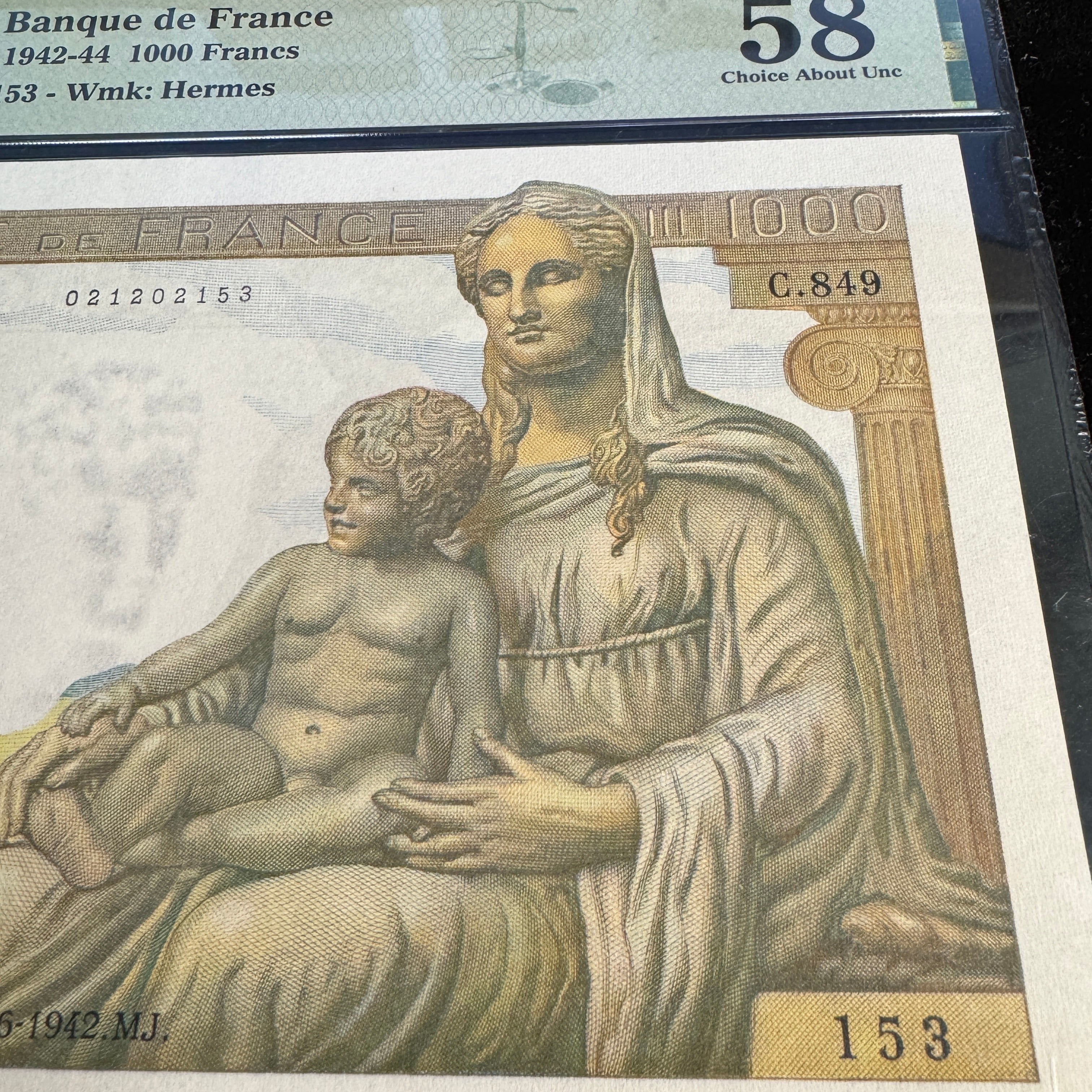 1942 France 1000 Francs, P#102, PCGS Ch AU 58