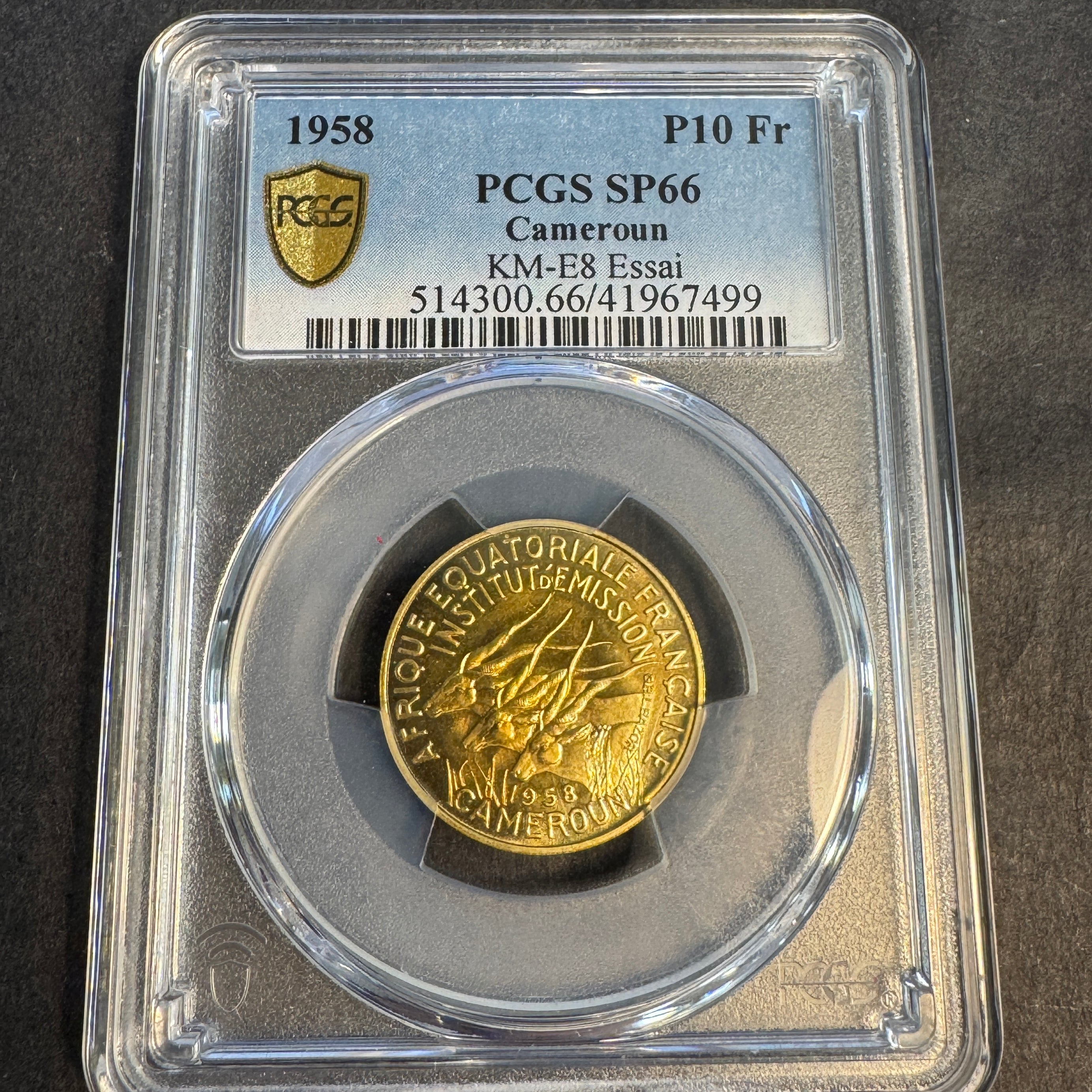1958 Cameroon 10 Francs Pattern / ESSAI, KM-E8, PCGS SP-66