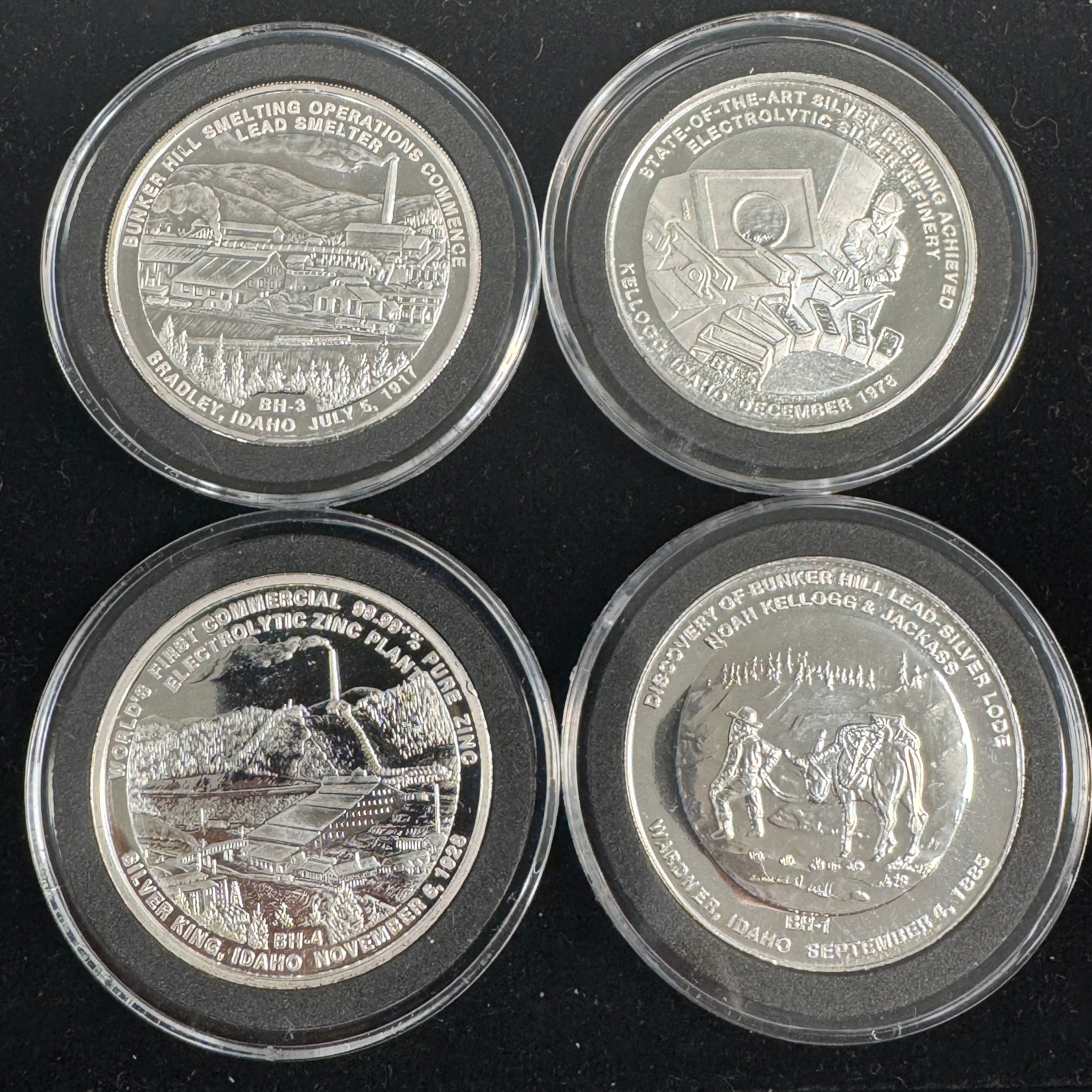 (4) Bunker Hill Silver 1oz Rounds, 1980s vintage mining set