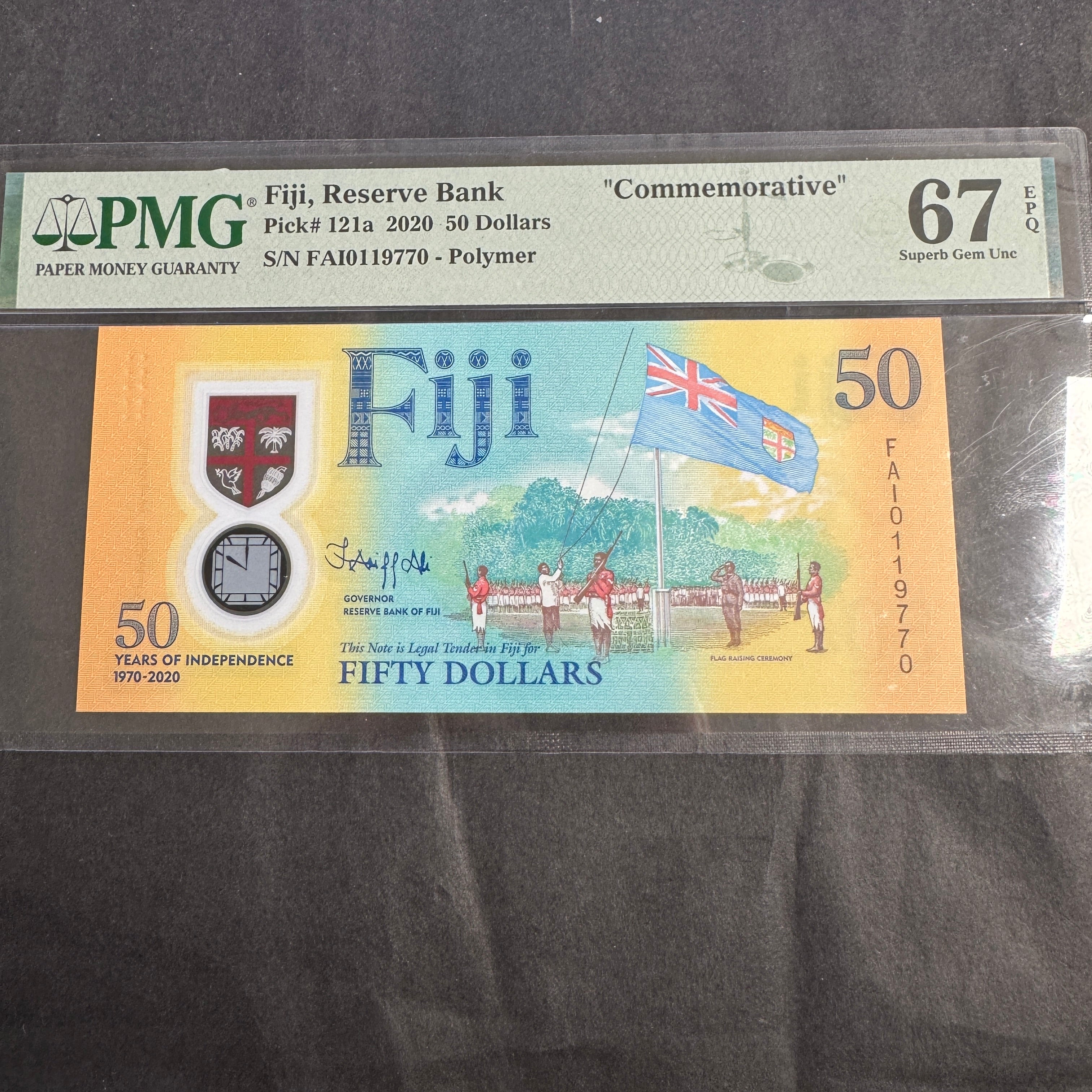 2020 Fiji 50 Dollars Commemorative Banknote, 50 Yrs Indep., PMG 67 Superb Gem Unc EPQ