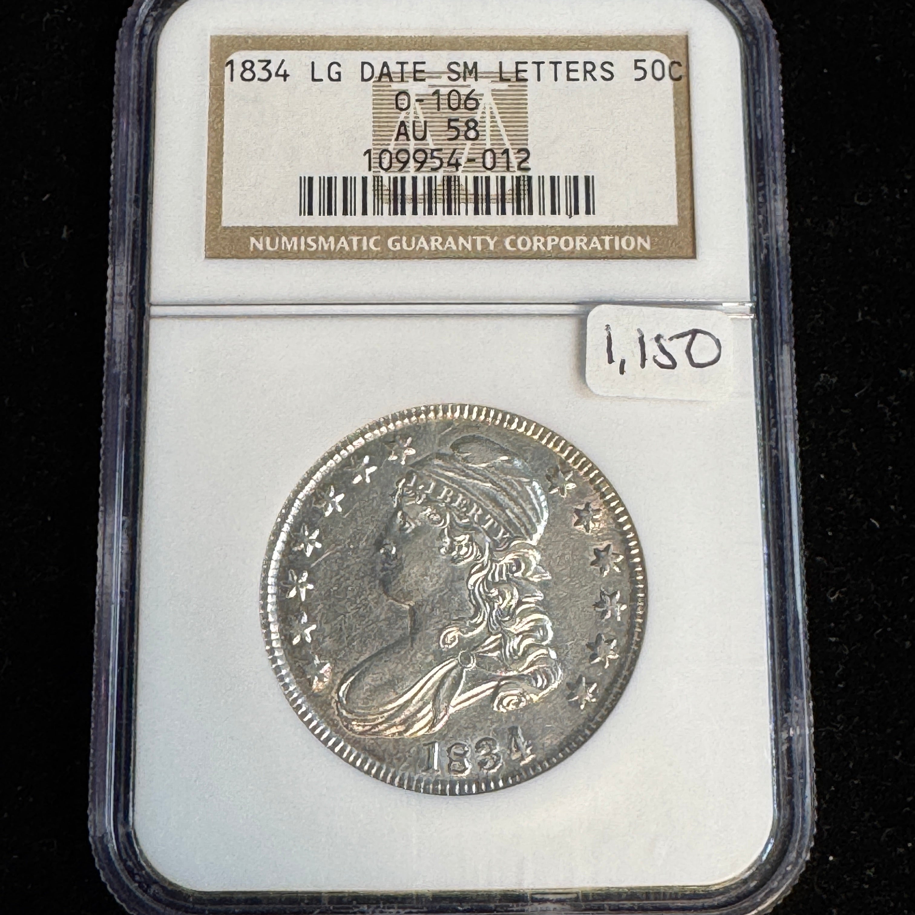 1834 Capped Bust Half Dollar, Lg Date Sm Ltrs, O-106, NGC AU-58