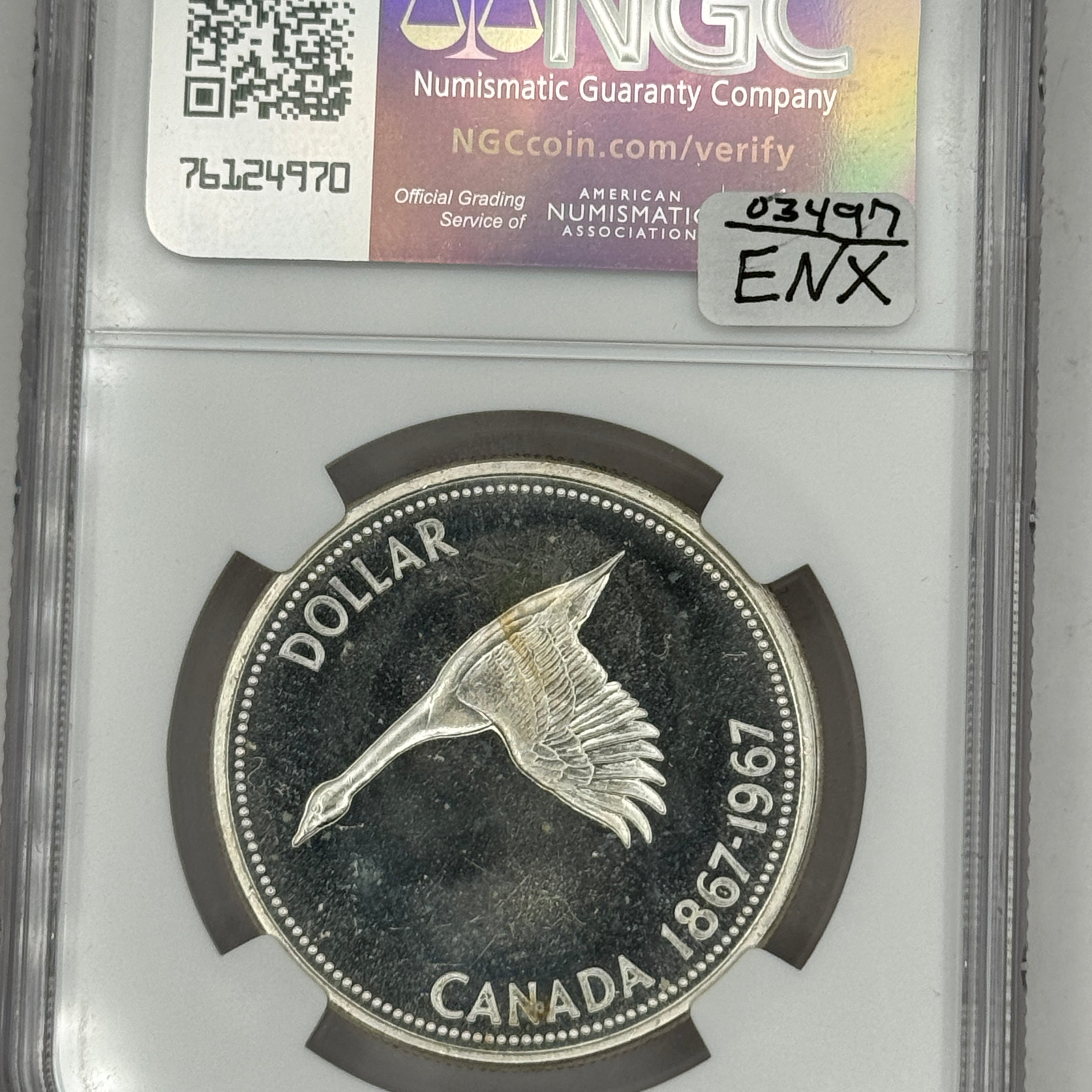 1967 Canada Silver Dollar, DIVING GOOSE 🪿rotation variety, NGC PL-65