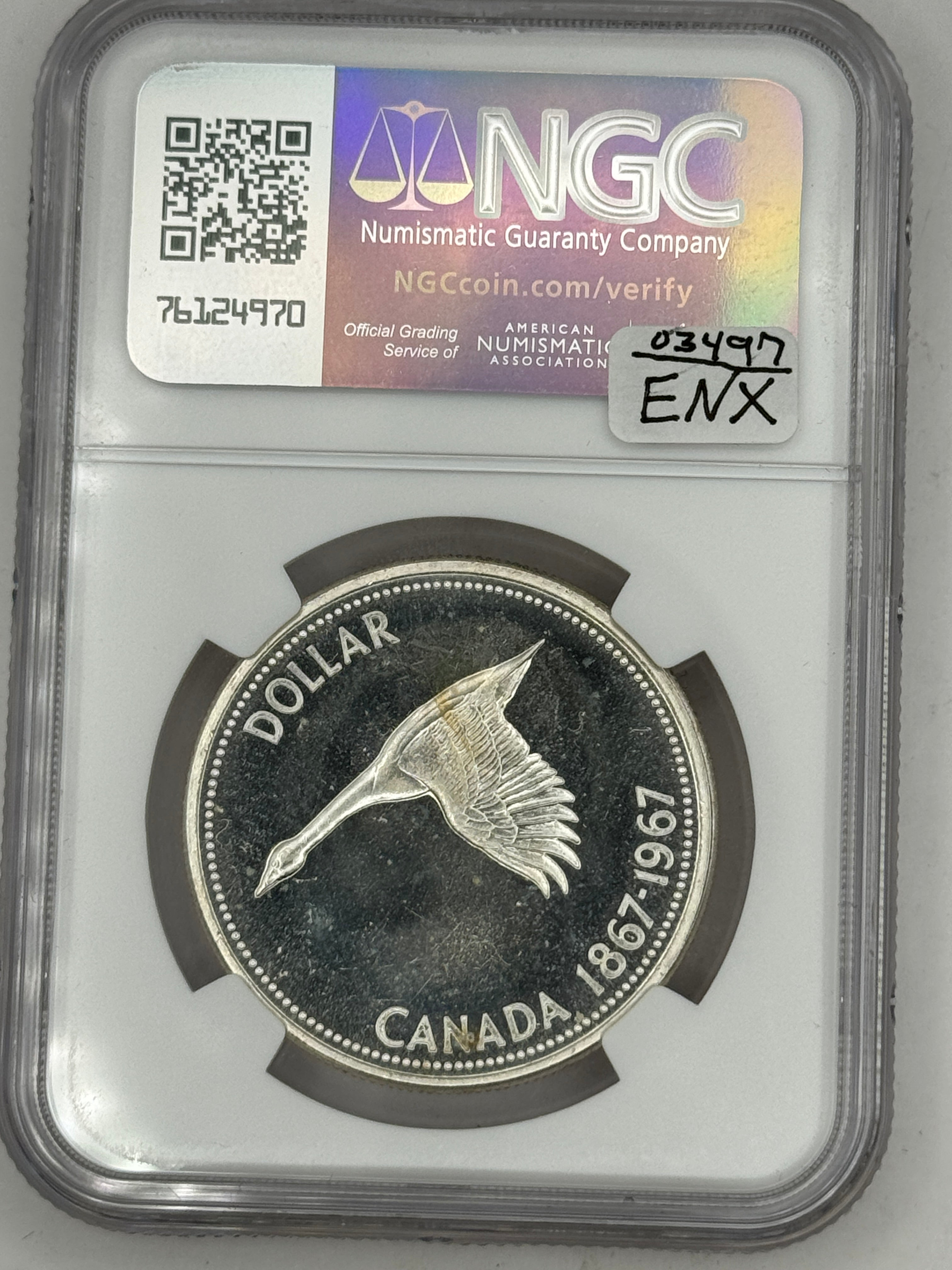 1967 Canada Silver Dollar, DIVING GOOSE 🪿rotation variety, NGC PL-65