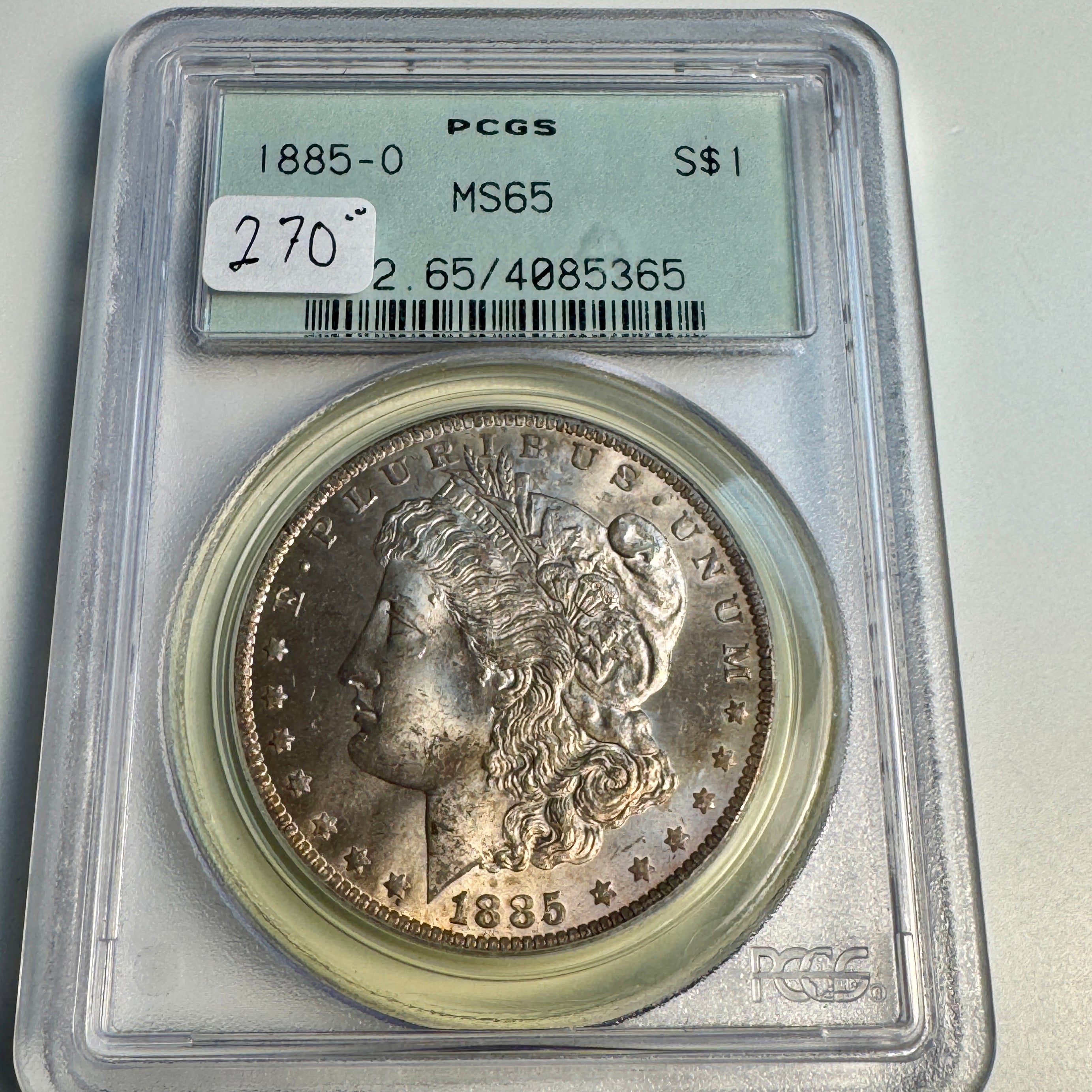 1885-O Morgan Silver Dollar, OGH PCGS MS-65