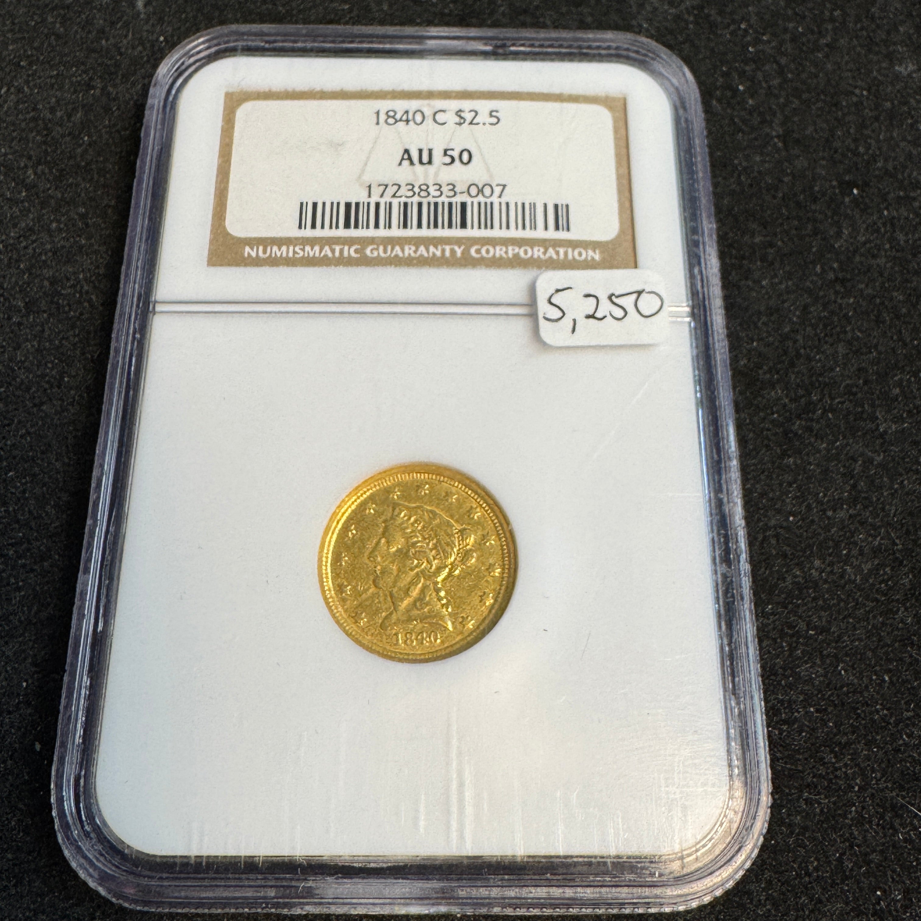 1840-C Liberty Head $2.5 Gold, Charlotte, NGC AU-50