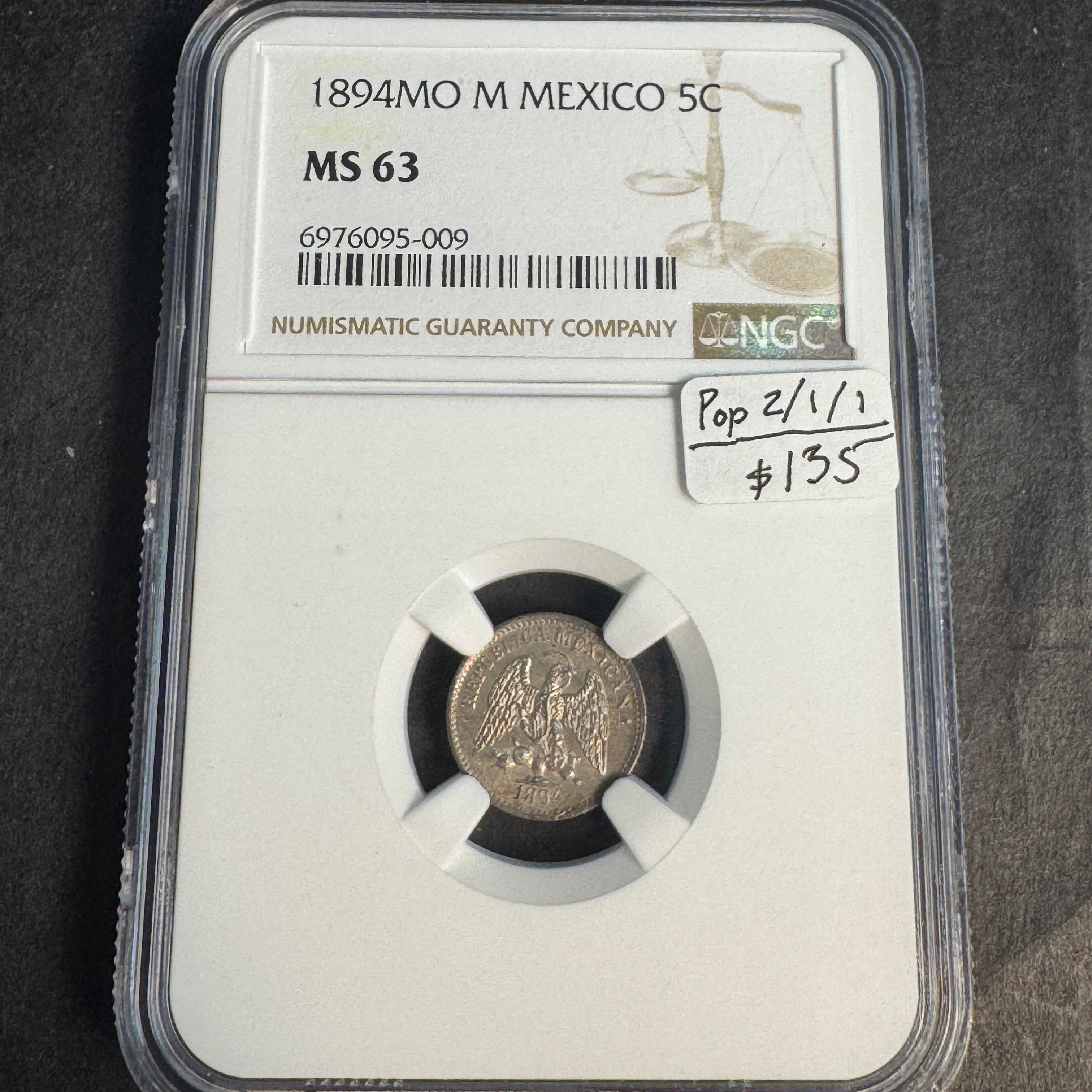 1894 Mo-M Mexico 5 Centavos silver, NGC MS-63 🇲🇽 Pop 2/1/1