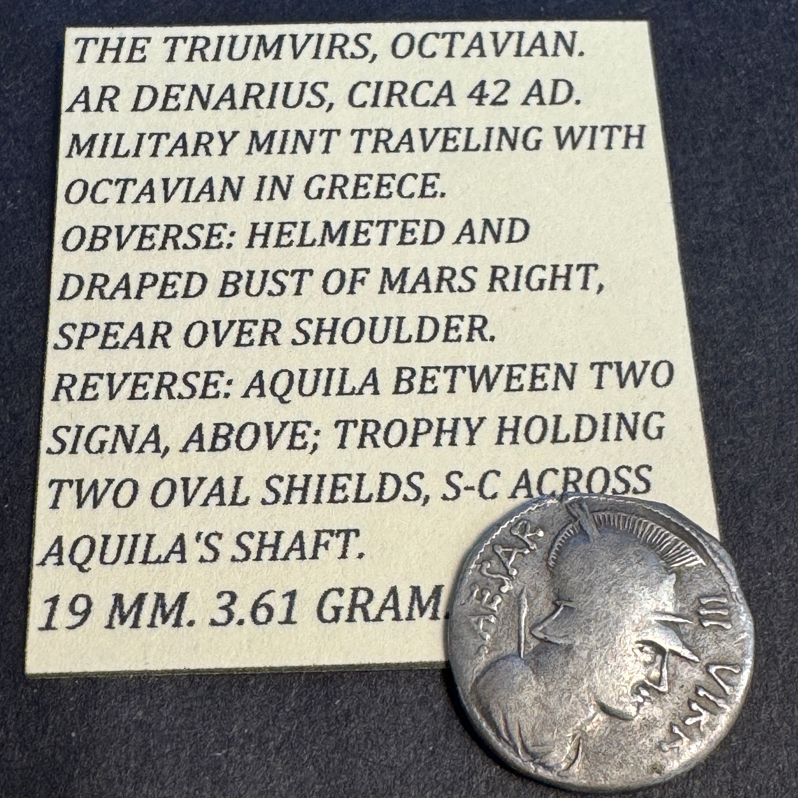 OCTAVIAN, The Triumvirs, Roman Empire Silver Denarius, Mobile Military Mint in Greece, Obv: Mars helmeted, Rv: Aquila & Signa, VF