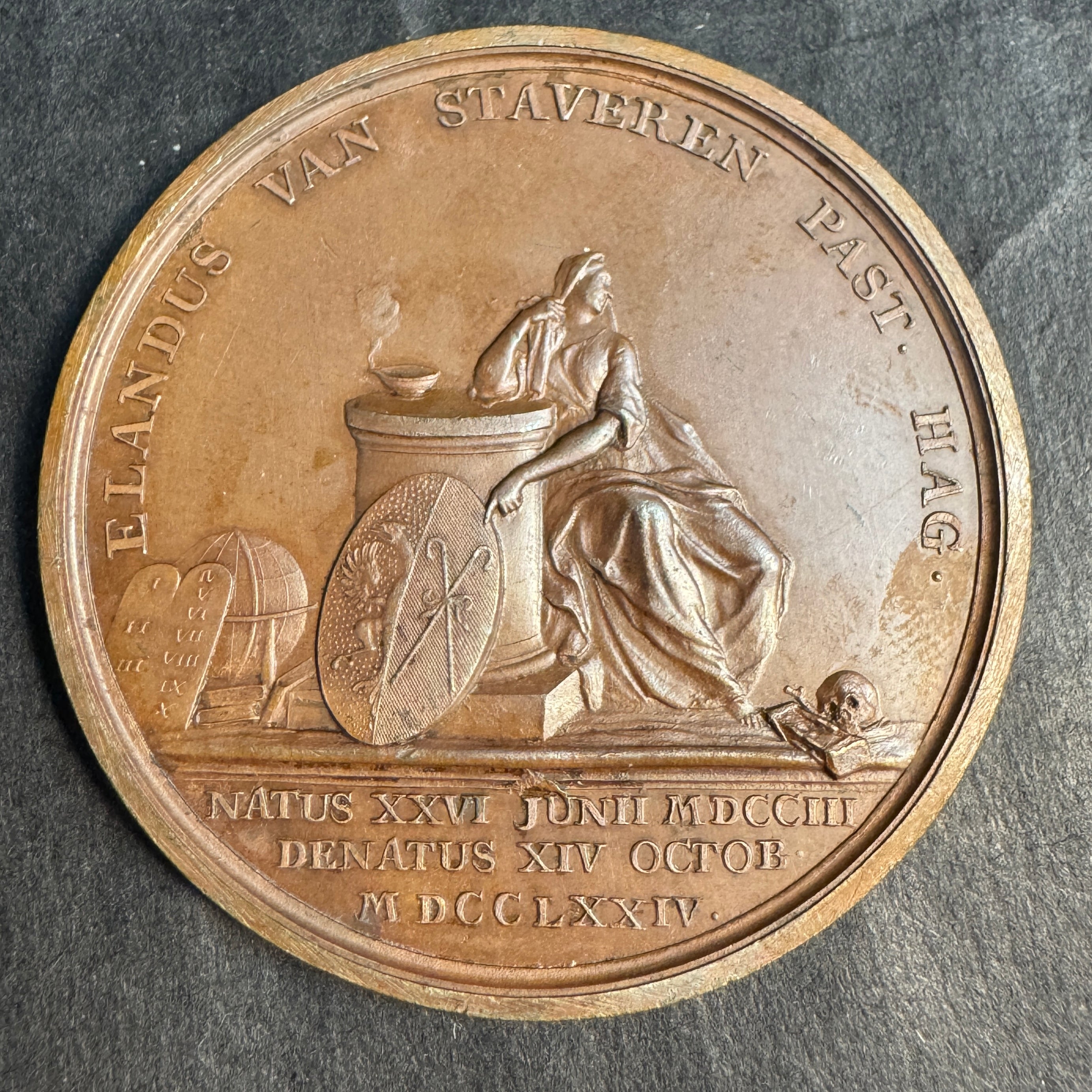 1774 United Netherlands 55mm AE Medal, Death Year of Elandus van Staveren b.1703 (Reformed Theologian at The Hague)