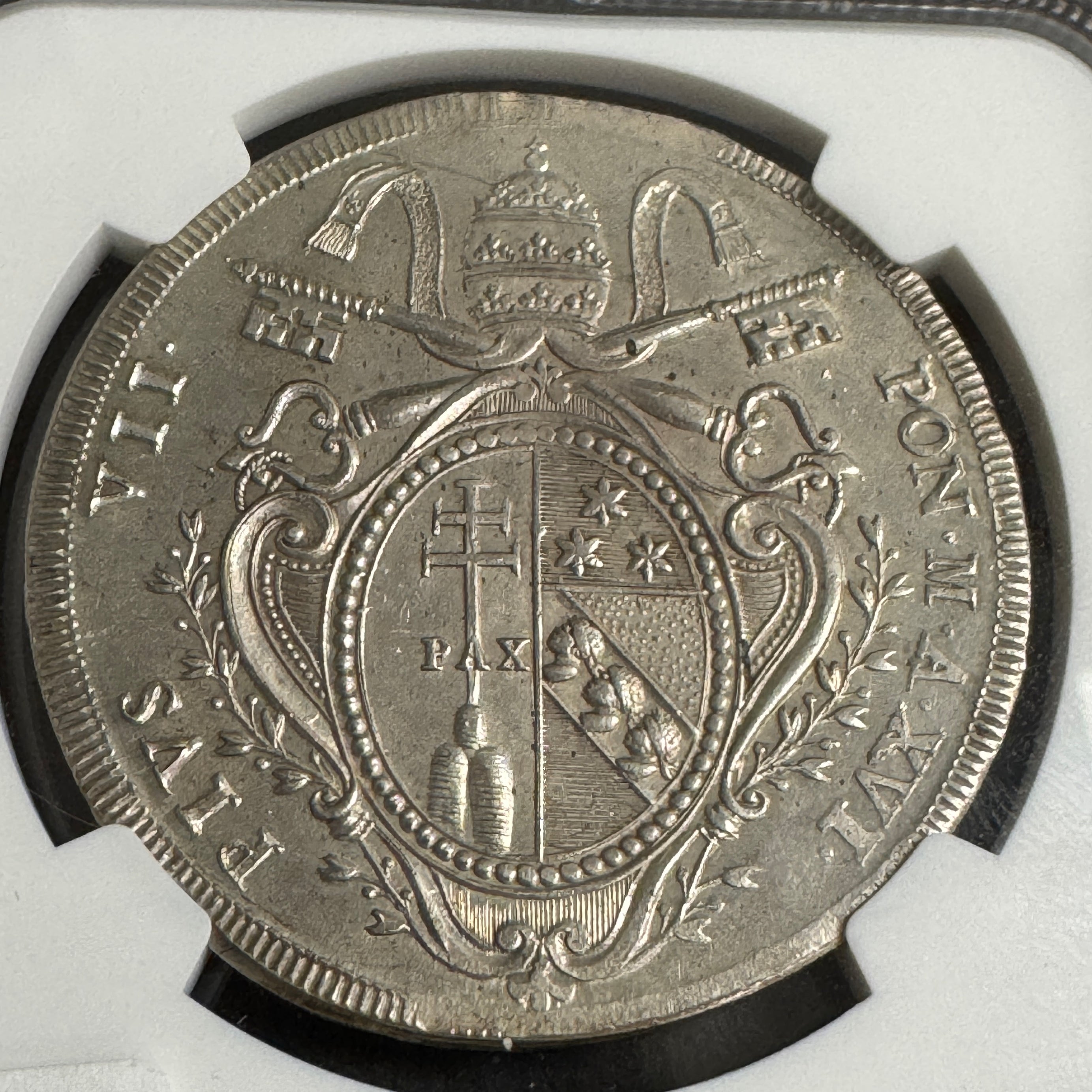 1815 Papal States AR Scudo, Yr XVI Pius VII, NGC UNC Details🇻🇦
