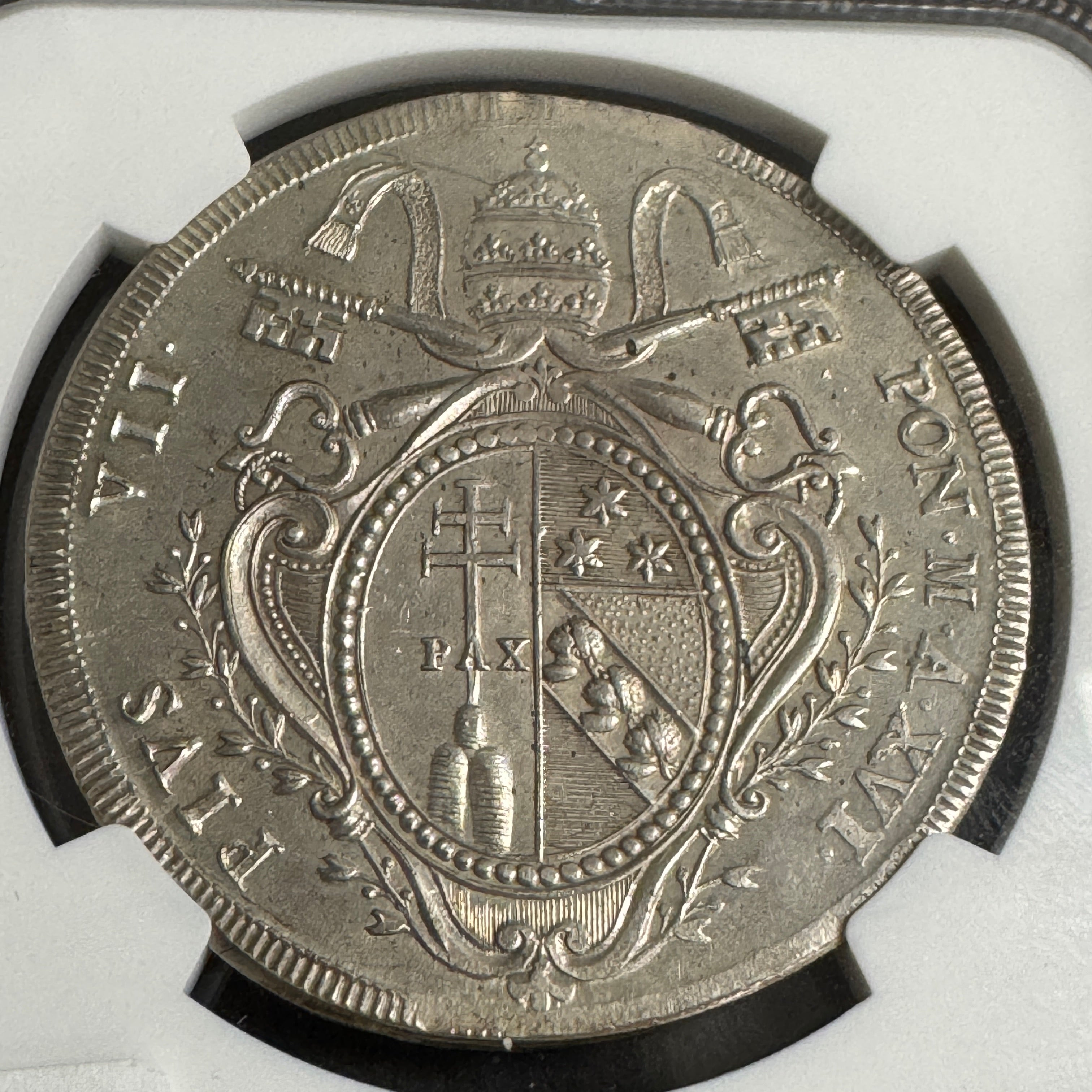 1815 Papal States AR Scudo, Yr XVI Pius VII, NGC UNC Details🇻🇦
