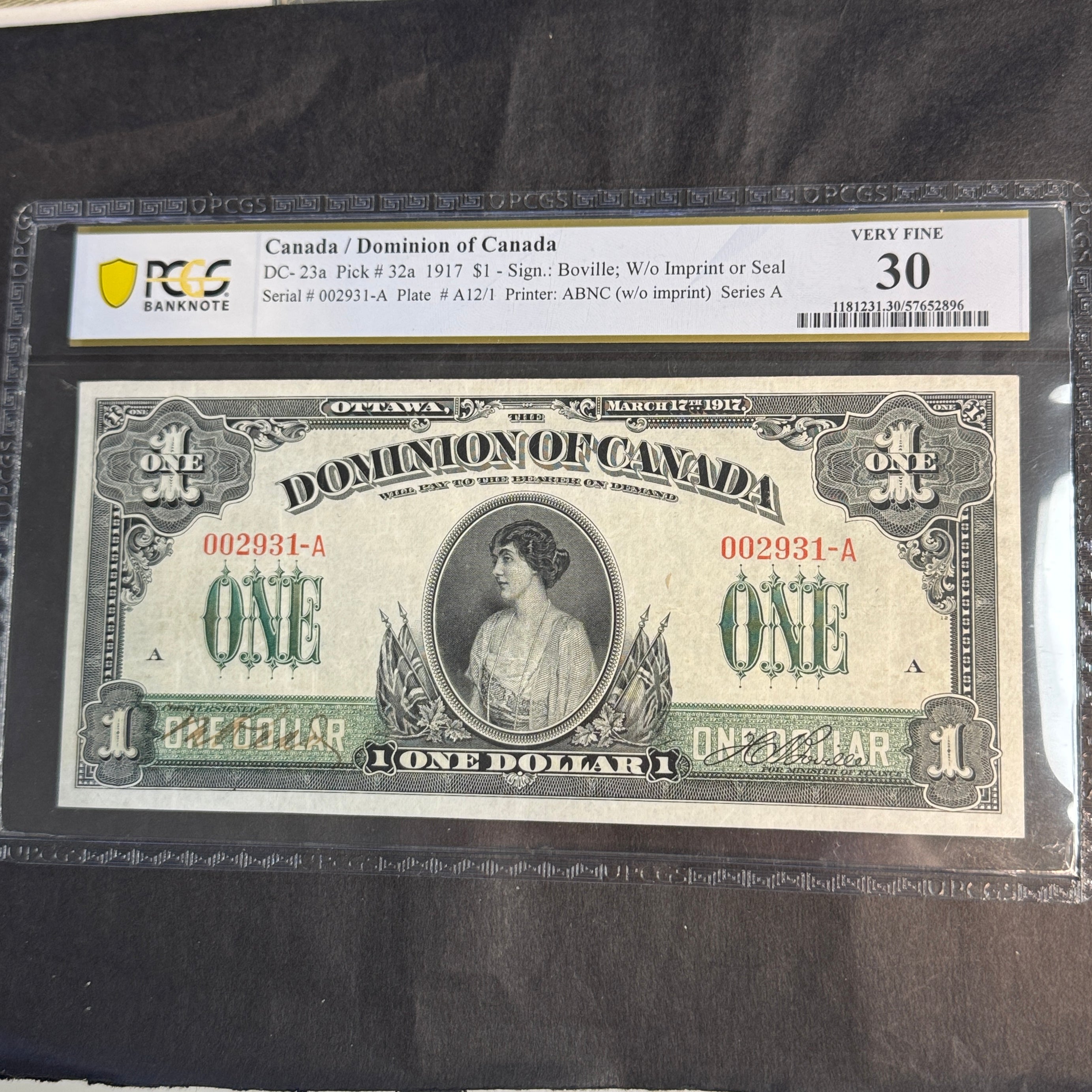 1917 Dominion of Canada Dollar, Low Serial Plate A12/1, P#32a Boville & Hand Countersigned, PCGS Very Fine 30