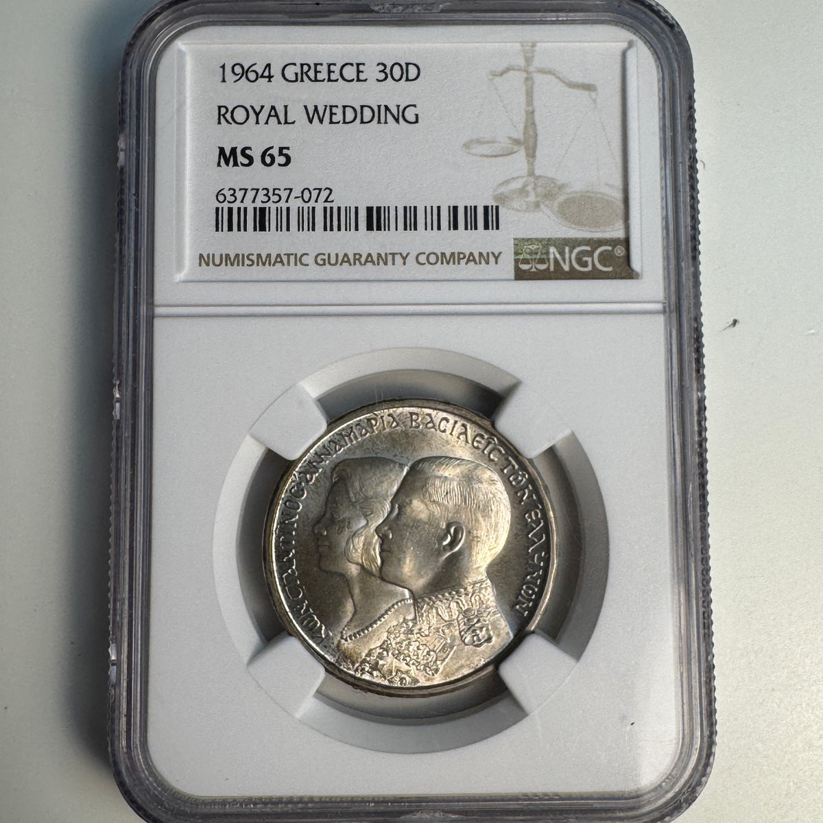 1964 Greece 30 Drachmai Silver, Royal Wedding Commem., NGC MS-65