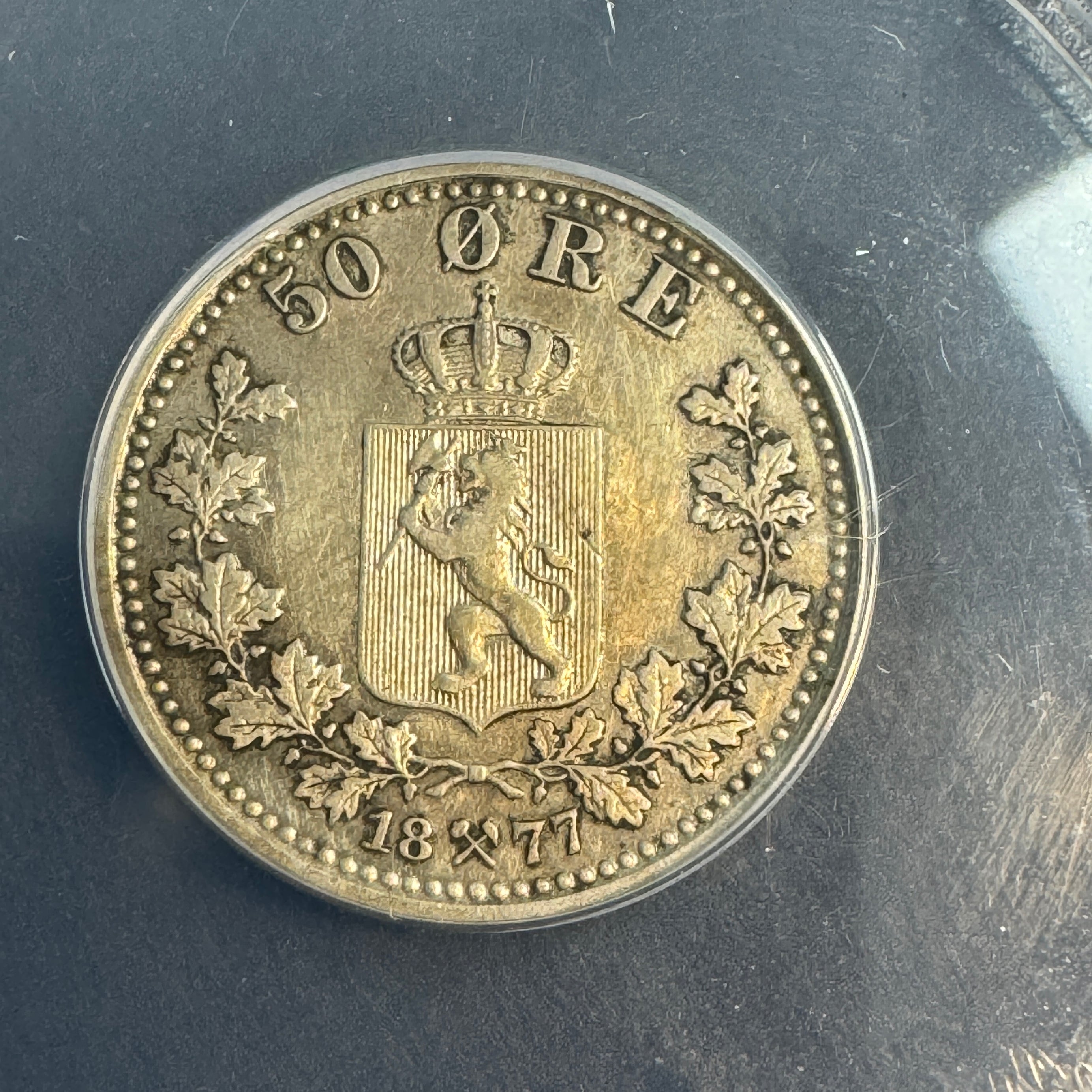 1877 Norway 50 Ore, Oscar II, KM-356, ANACS EF-40 🇳🇴