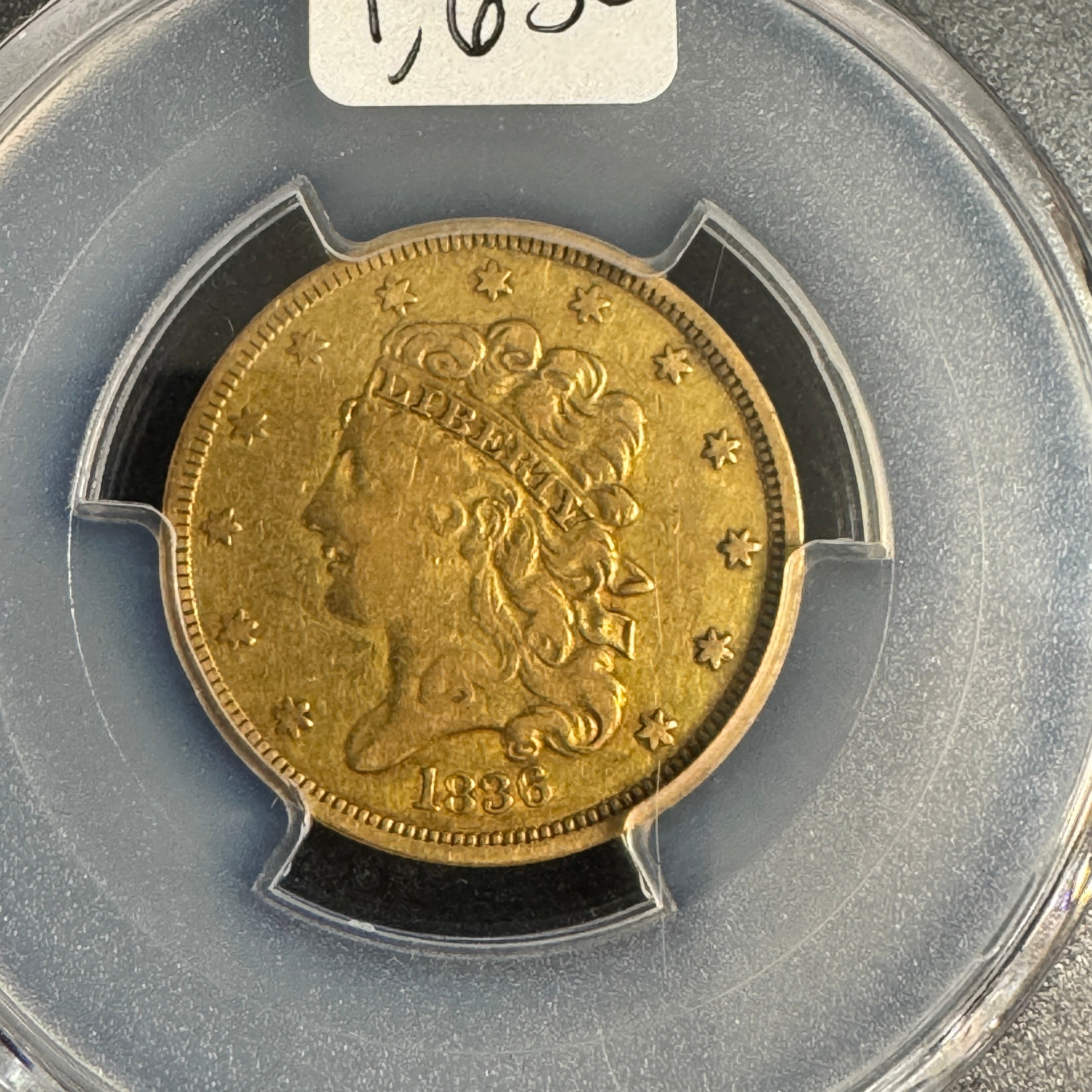 1836 Classic Head $5 Half Eagle Gold, PCGS VF-35