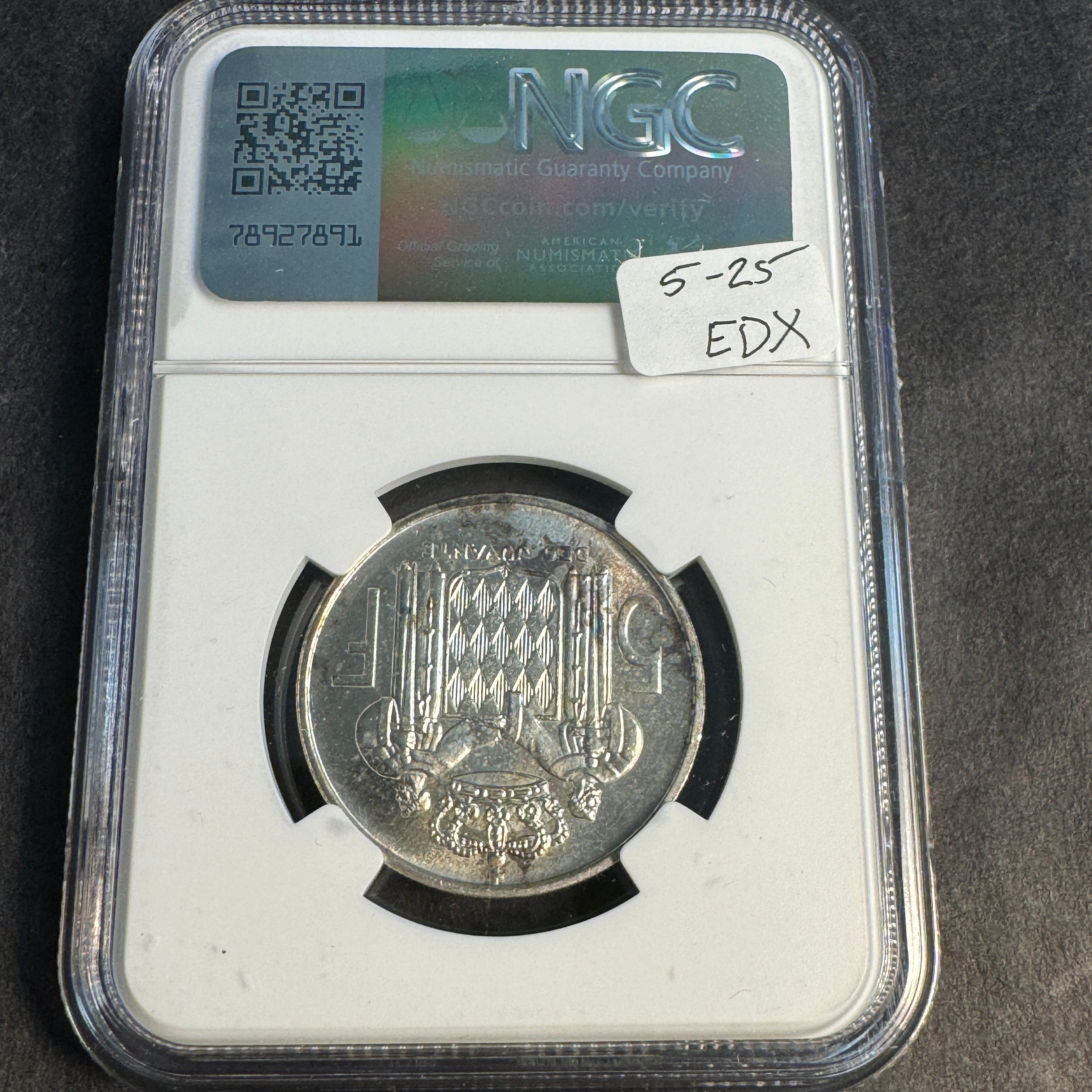 1960 (a) Monaco AR 5 Francs, Ranier III, NGC MS-64