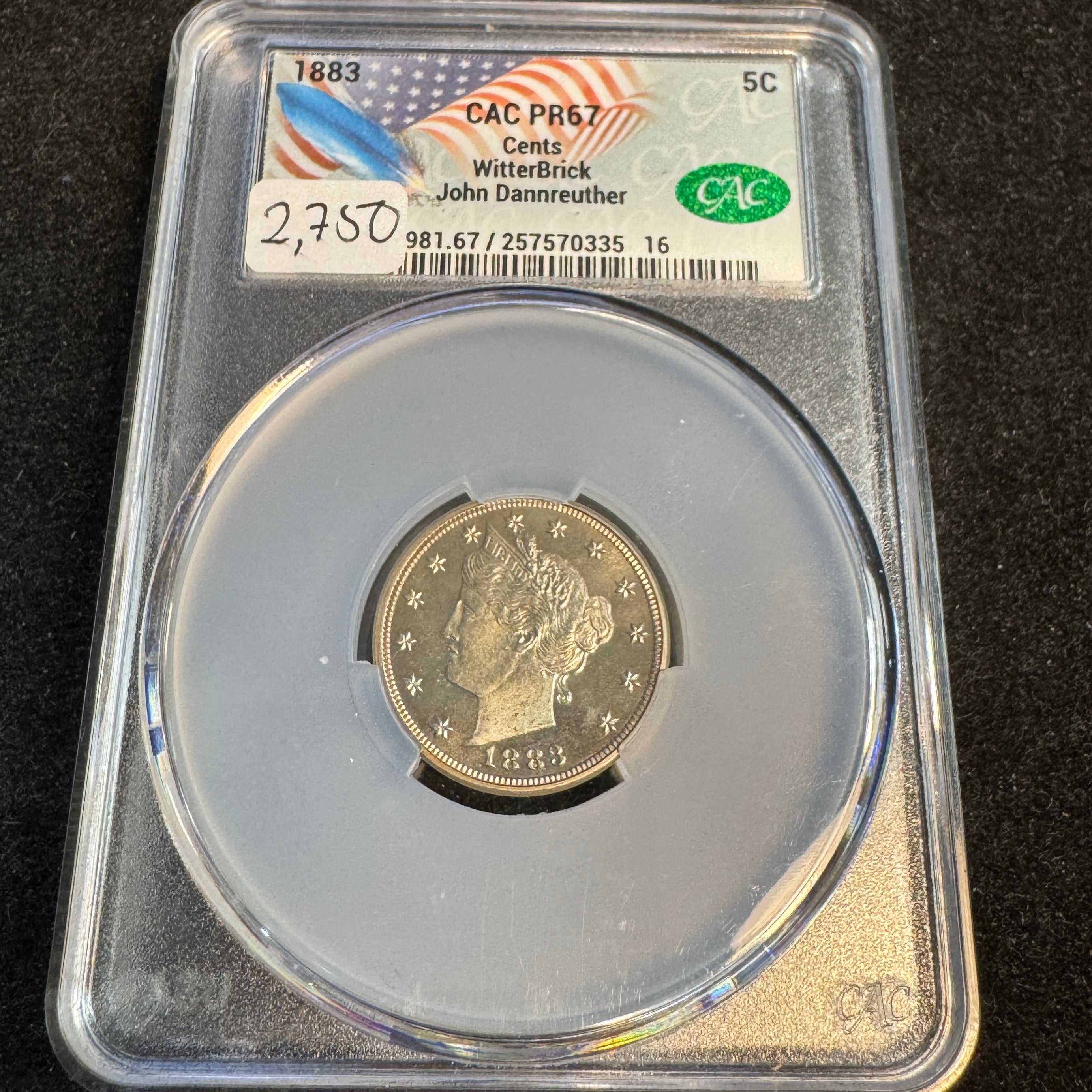 1883 Liberty Head 5c Proof Nickel “with Cents”, WitterBrick CAC PR-67