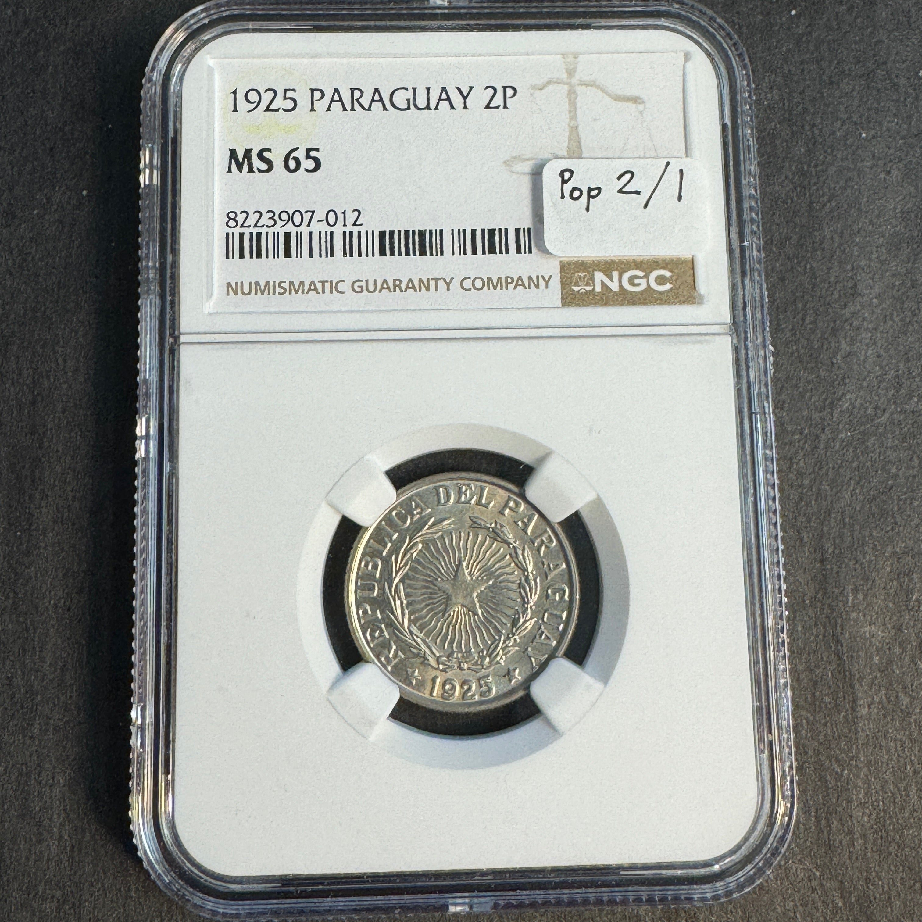1925 Paraguay 2 Pesos, NGC MS-65, Pop 2/1 🇵🇾