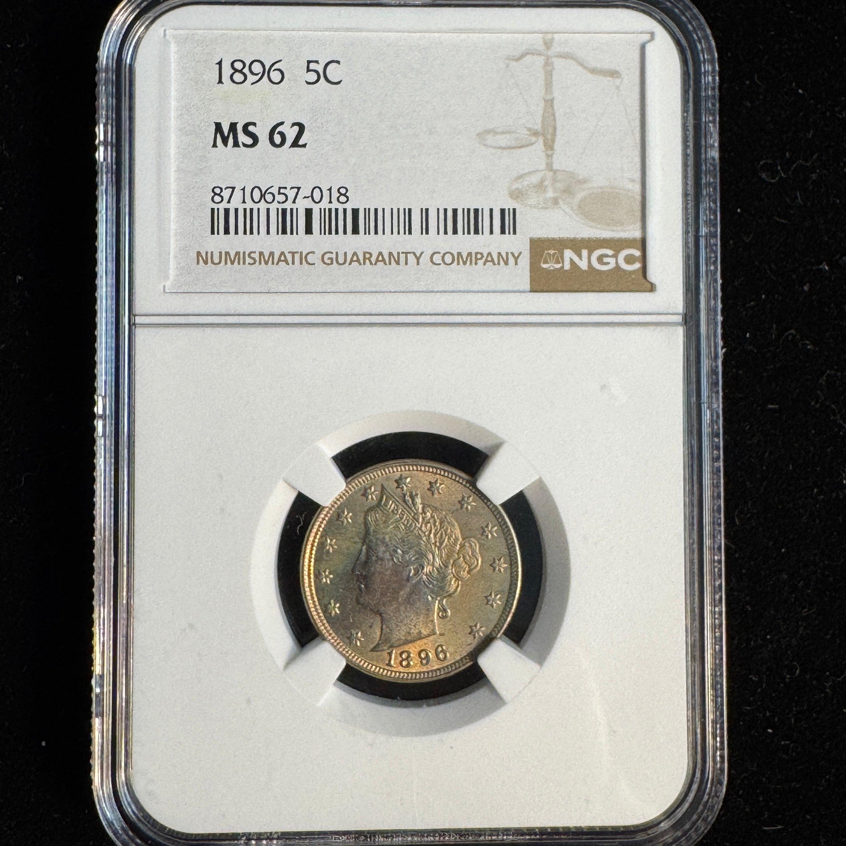1896 Liberty “V” Nickel 5c, NGC MS-62 , nice colors
