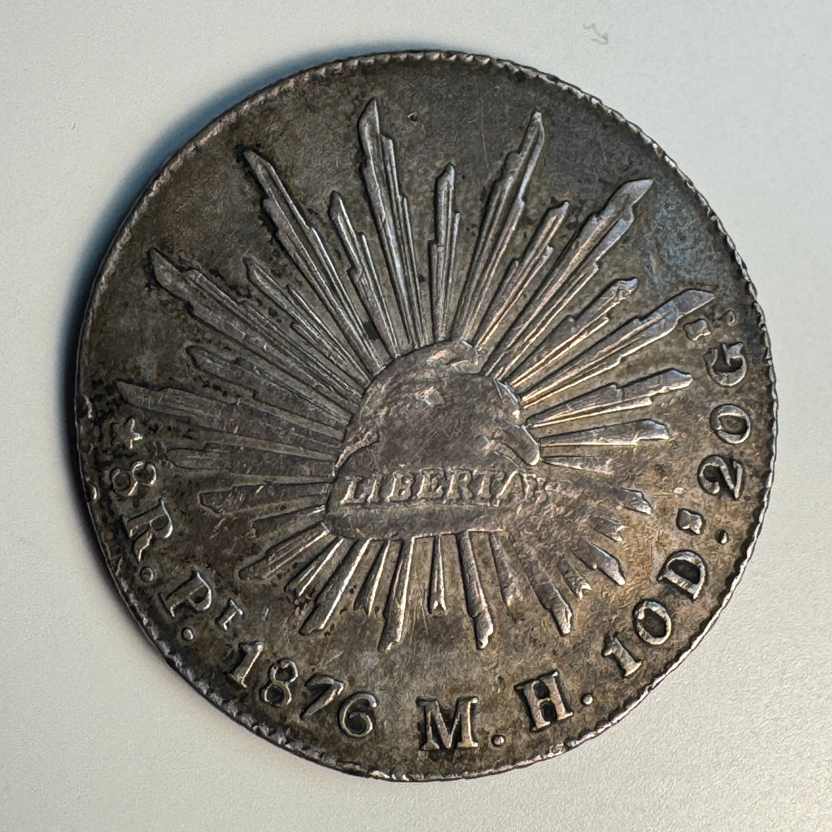 1876 Pi-MH Mexico Cap & Rays 8 Reales, San Luis Potosi, VF+