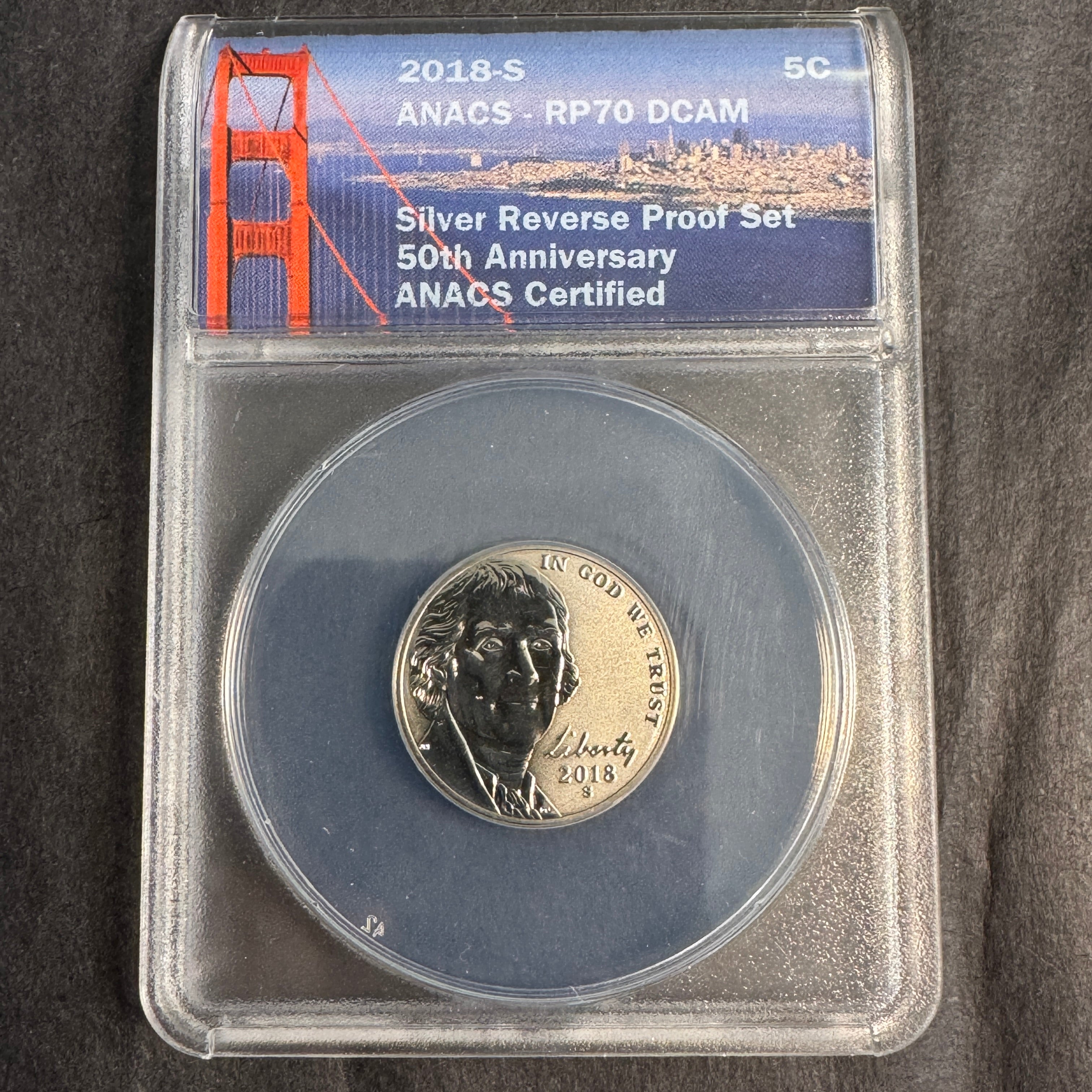 2018-S Silver Reverse Proof Jefferson Nickel US 5c, ANACS RP-70 DCAM