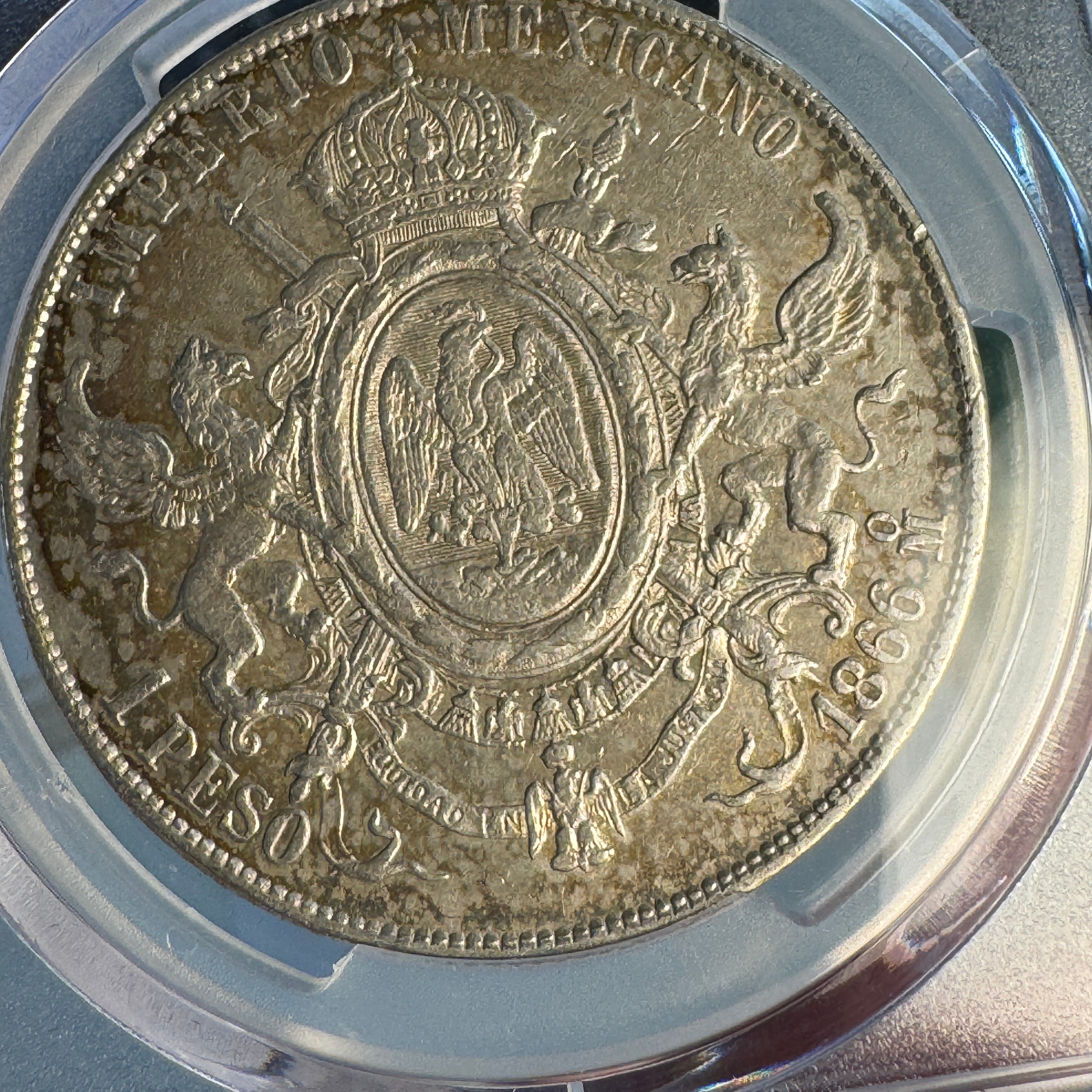 1866-Mo Empire of Maximilian Mexico AR 1 Peso, PCGS XF Details Color Toning