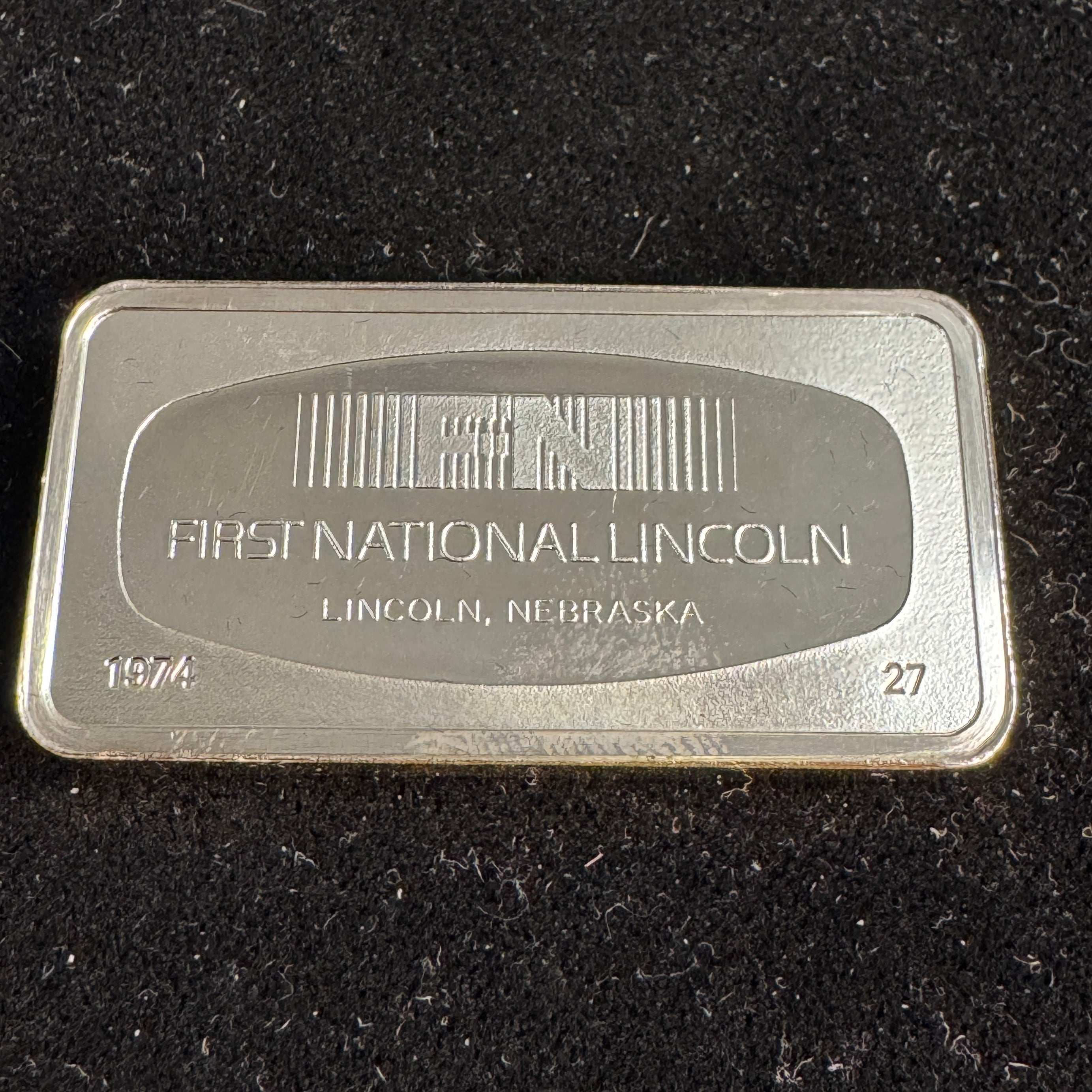 1974-FM First National (Bank) Lincoln Nebraska - 1000 Grains Sterling Silver Bar
