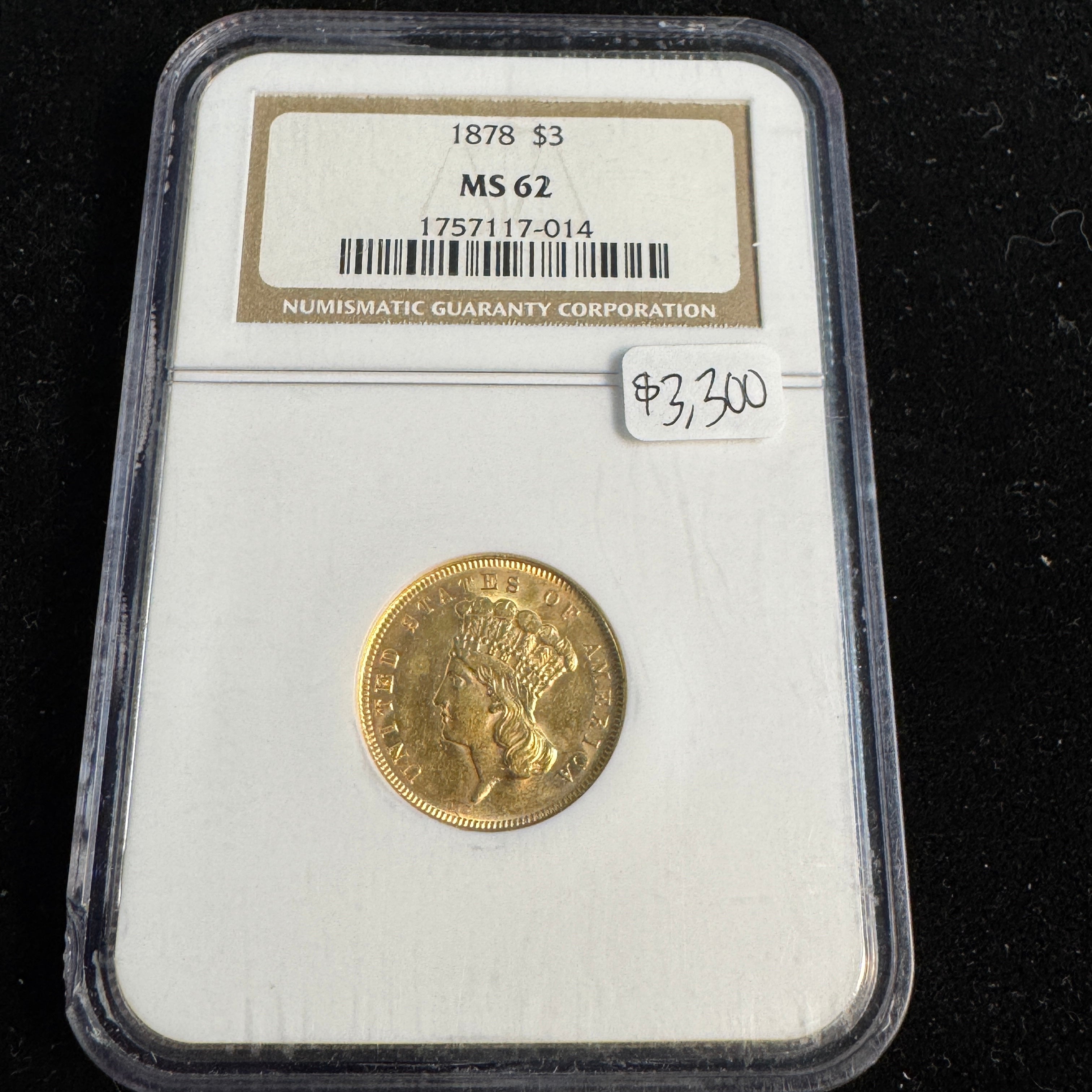 1878 Indian Princess $3 US Gold, NGC MS-62
