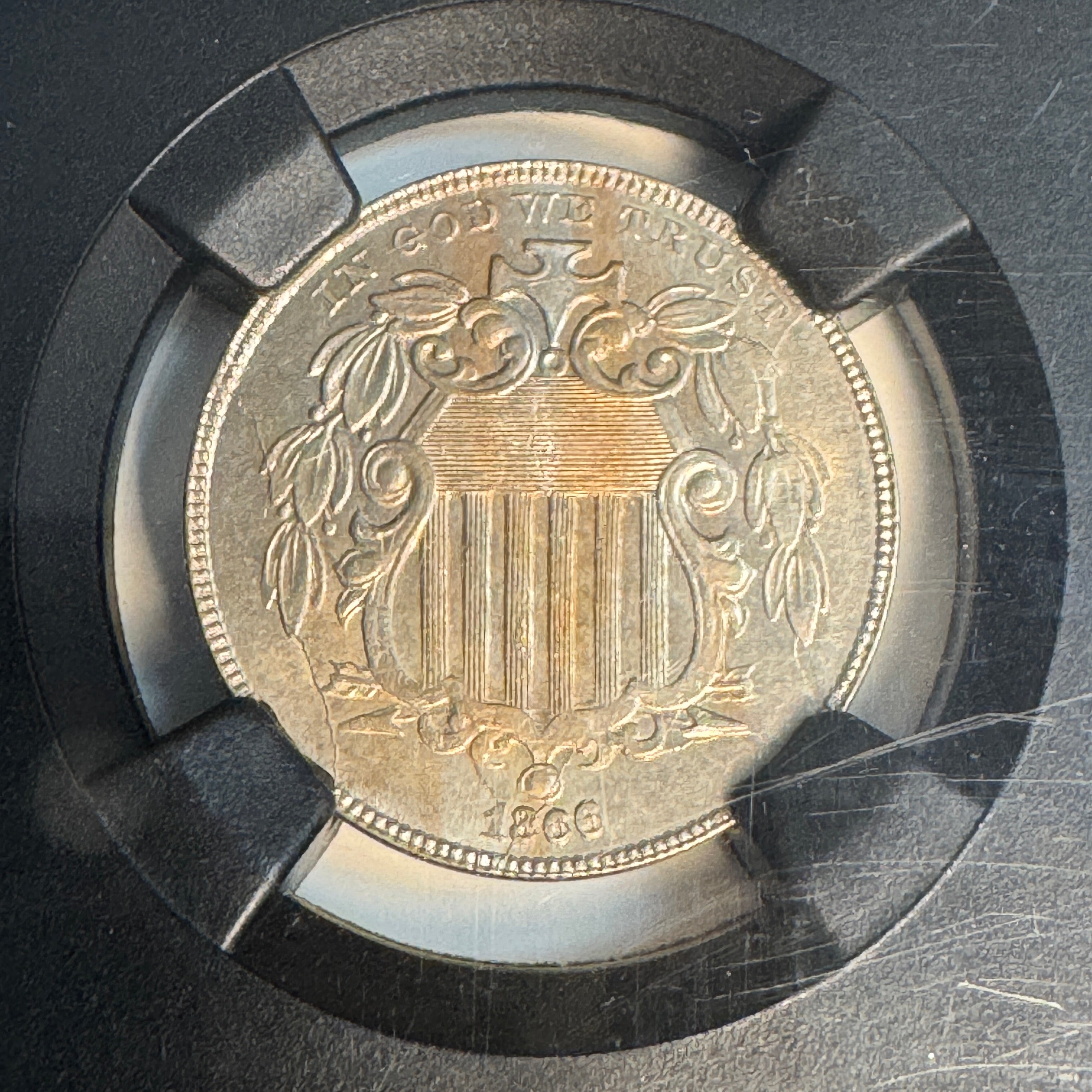 1866 Shield Nickel 5c with Rays, NGC-X MS 9.2 (MS-62)