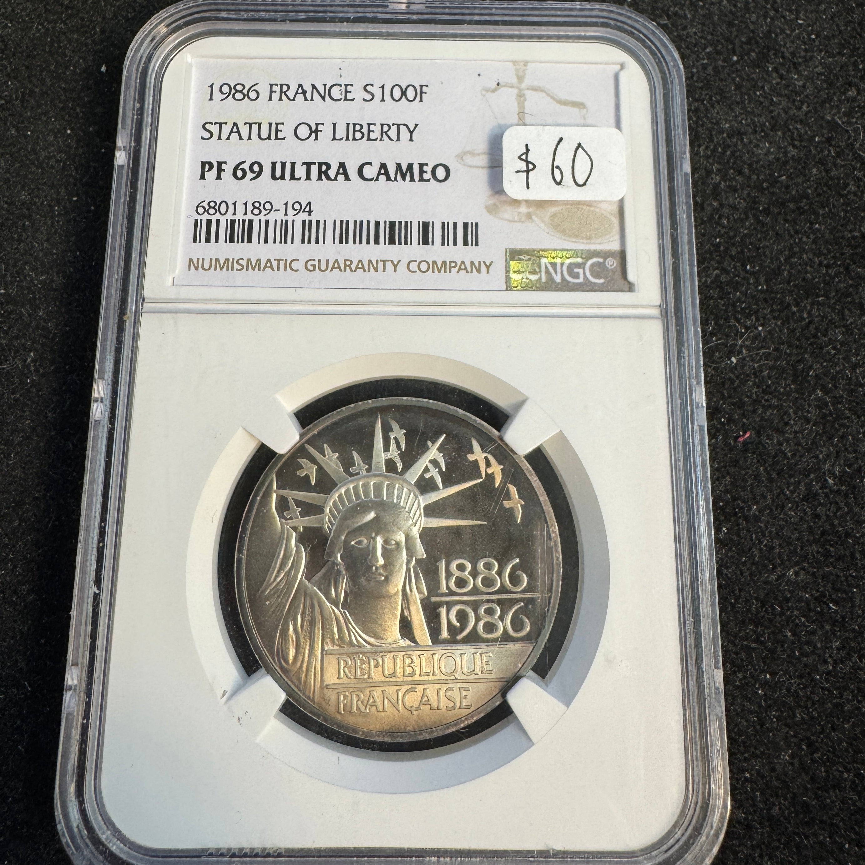 1986 France Silver 100 Francs Proof, Statue of Liberty Anniversary, NGC PF-69 Ultra Cameo