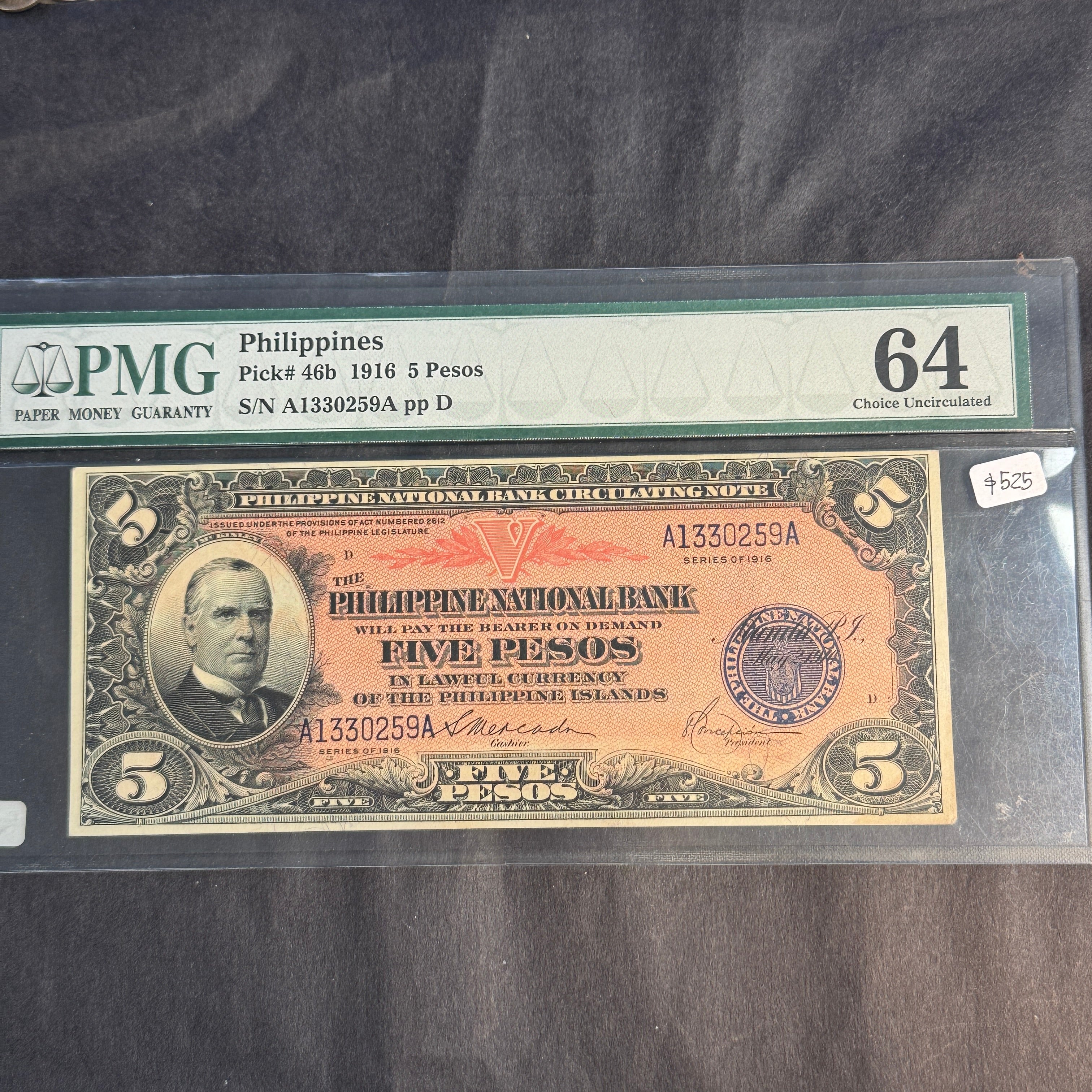 1916 US Philippines National Bank 5 Pesos, McKinley, P#46b, PMG Choice Unc 64