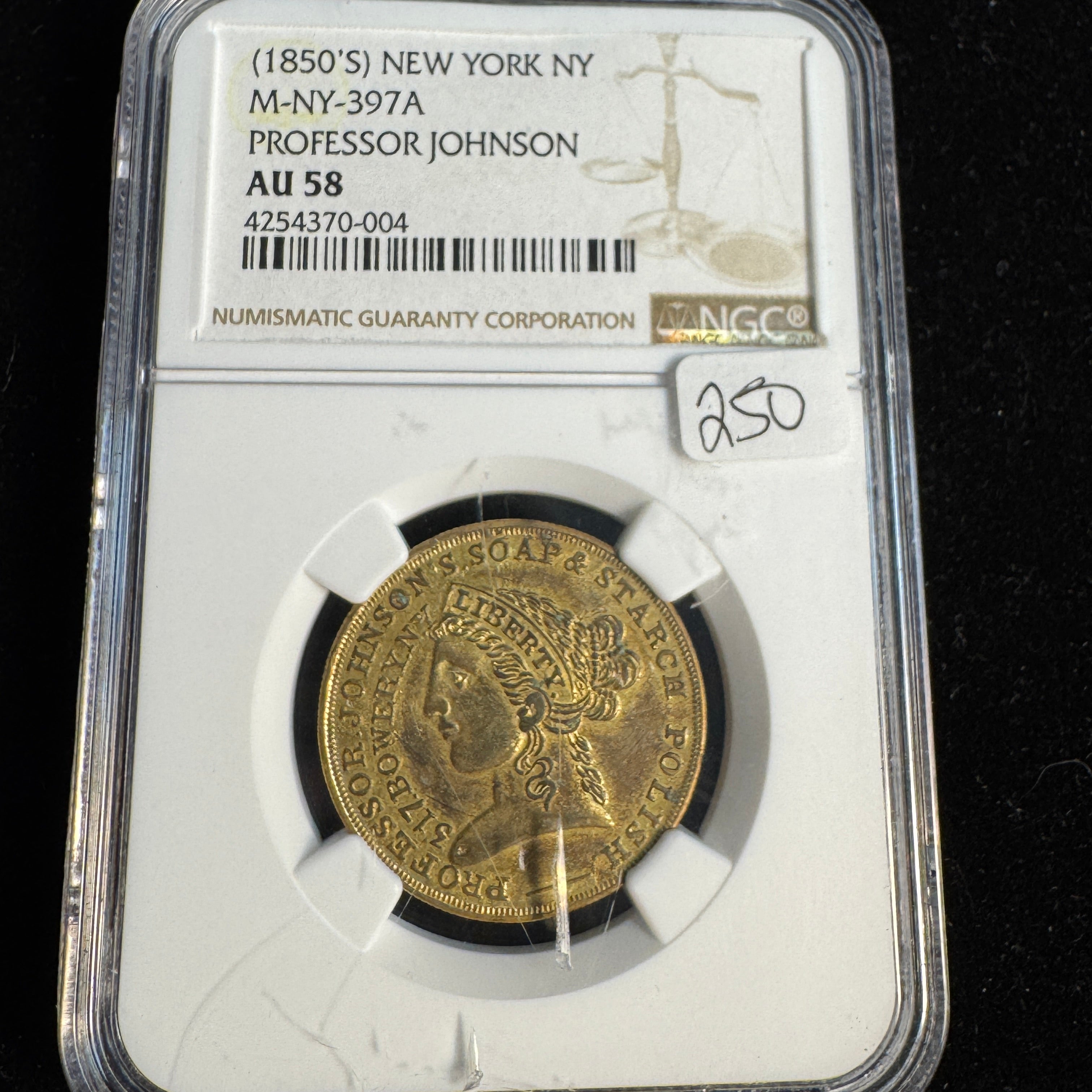 (1850s) New York NY Professor Johnson Soap store card, M-NY-397A, NGC AU-58
