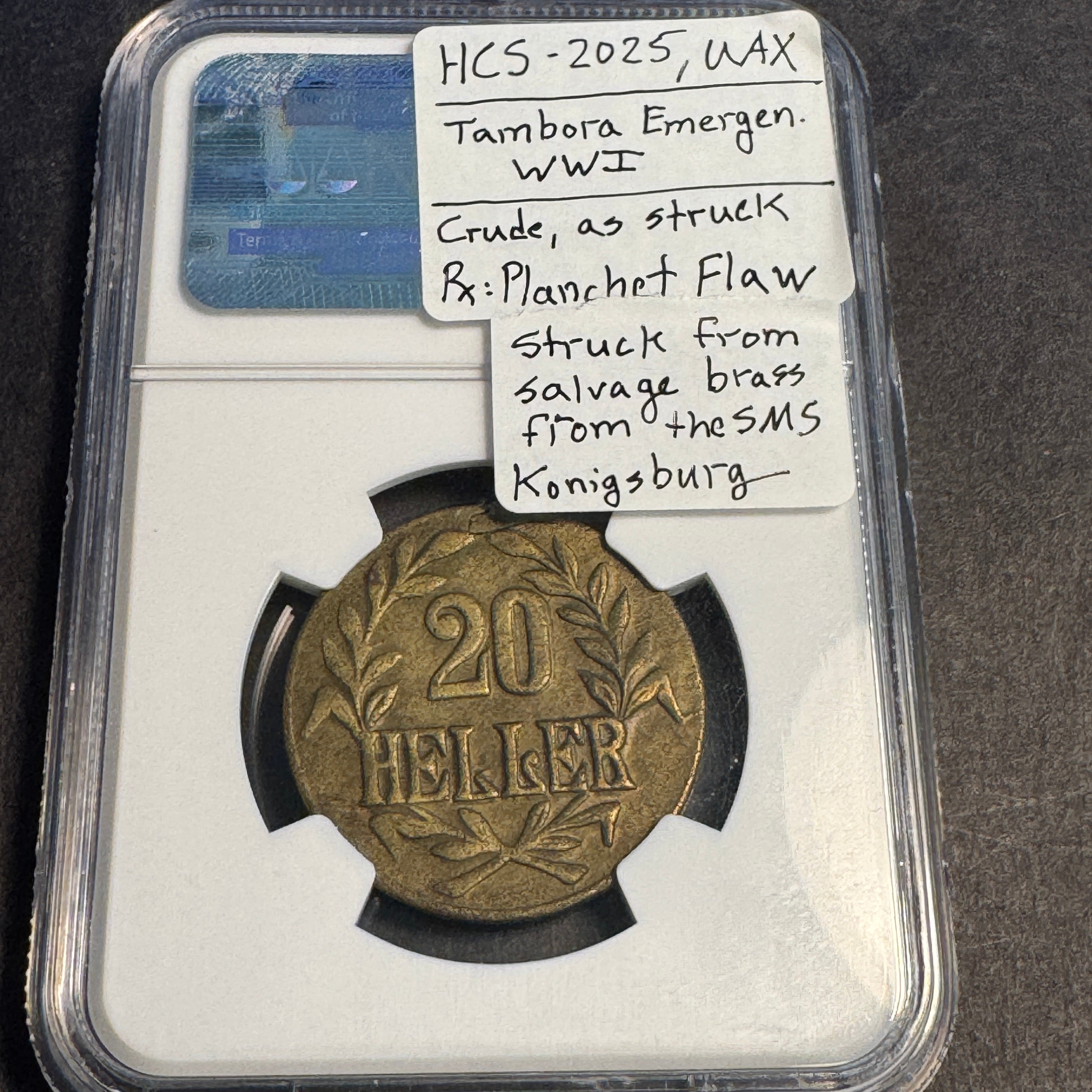 1916-T German East Africa 20 Heller Brass, WWI Tambora Emergency Coin, NGC AU-58