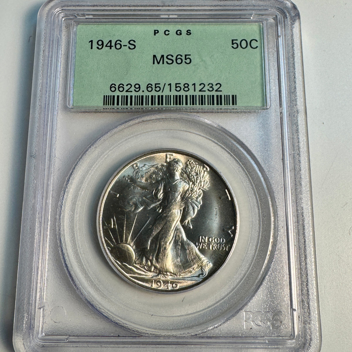 1946-S Walking Liberty 50c, OGH PCGS MS-65
