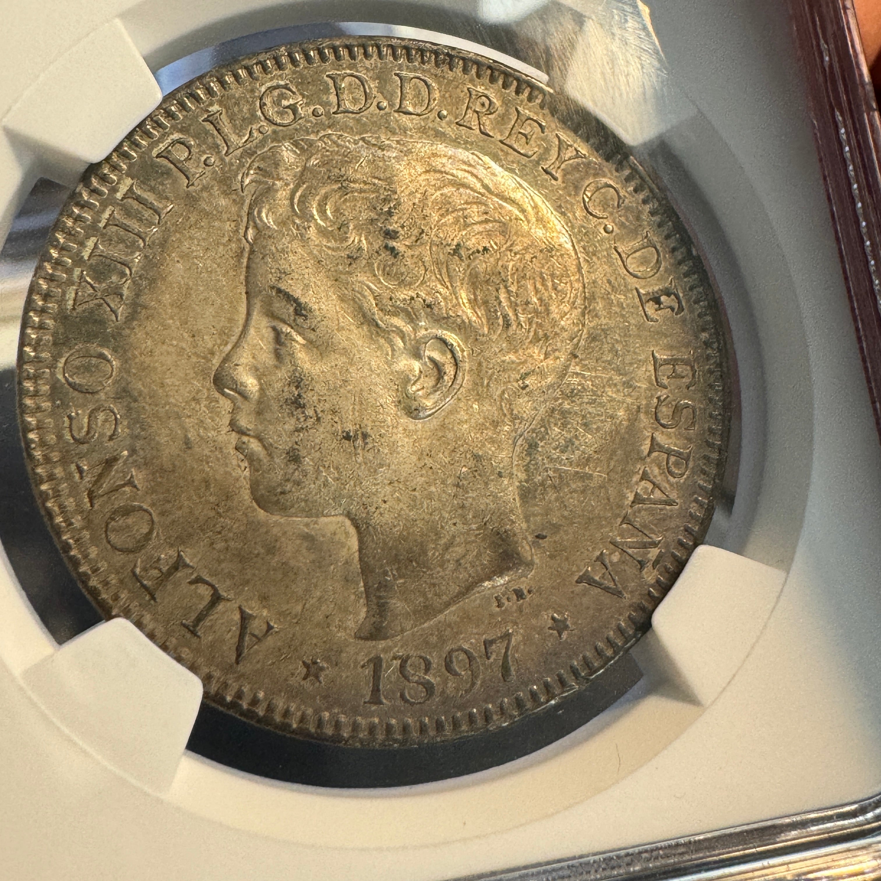 1897 Spanish Empire Philippines AR Peso, Alfonso XIII, NGC AU-55